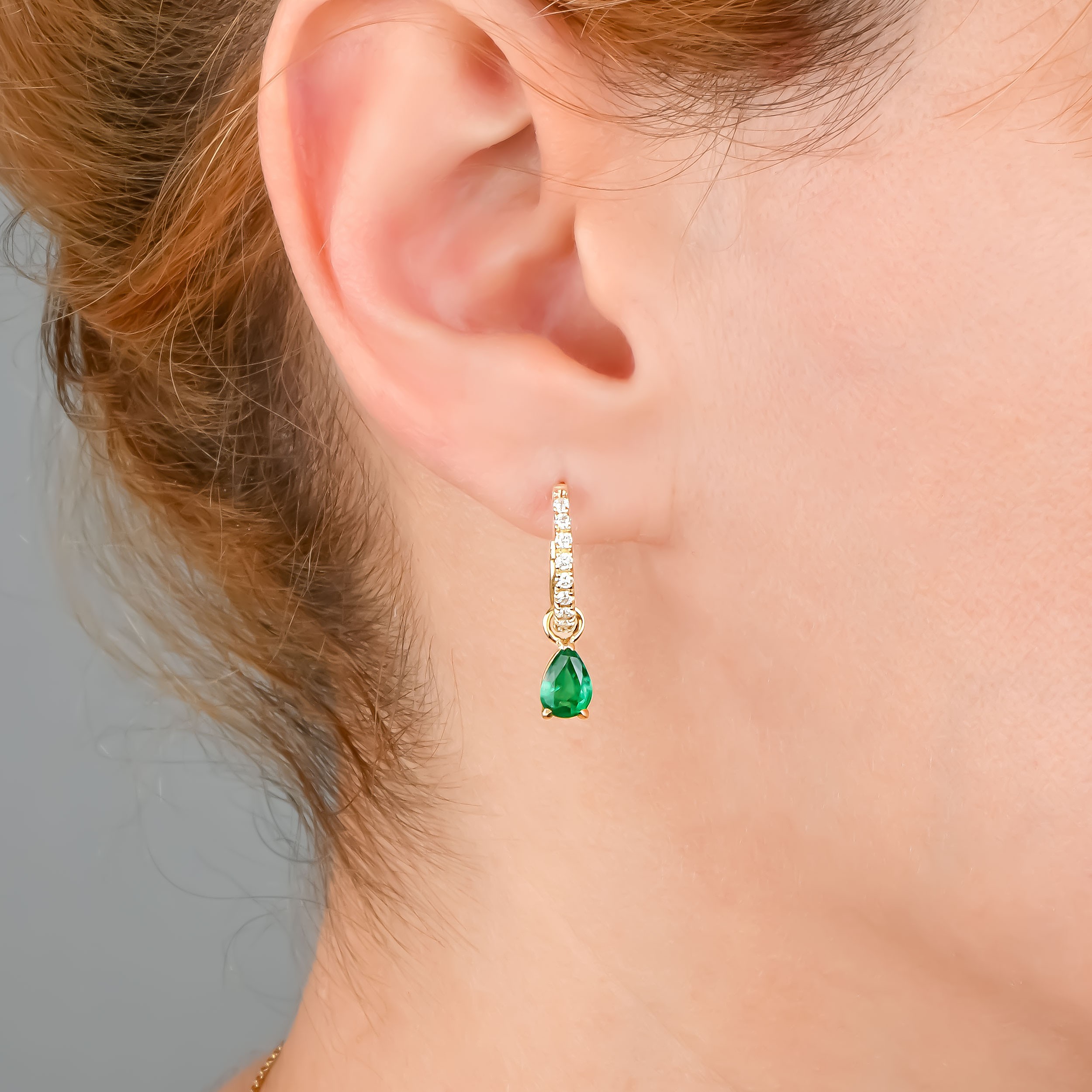 Emerald Dangle Earrings – 14K Gold Huggie Hoops with Diamonds