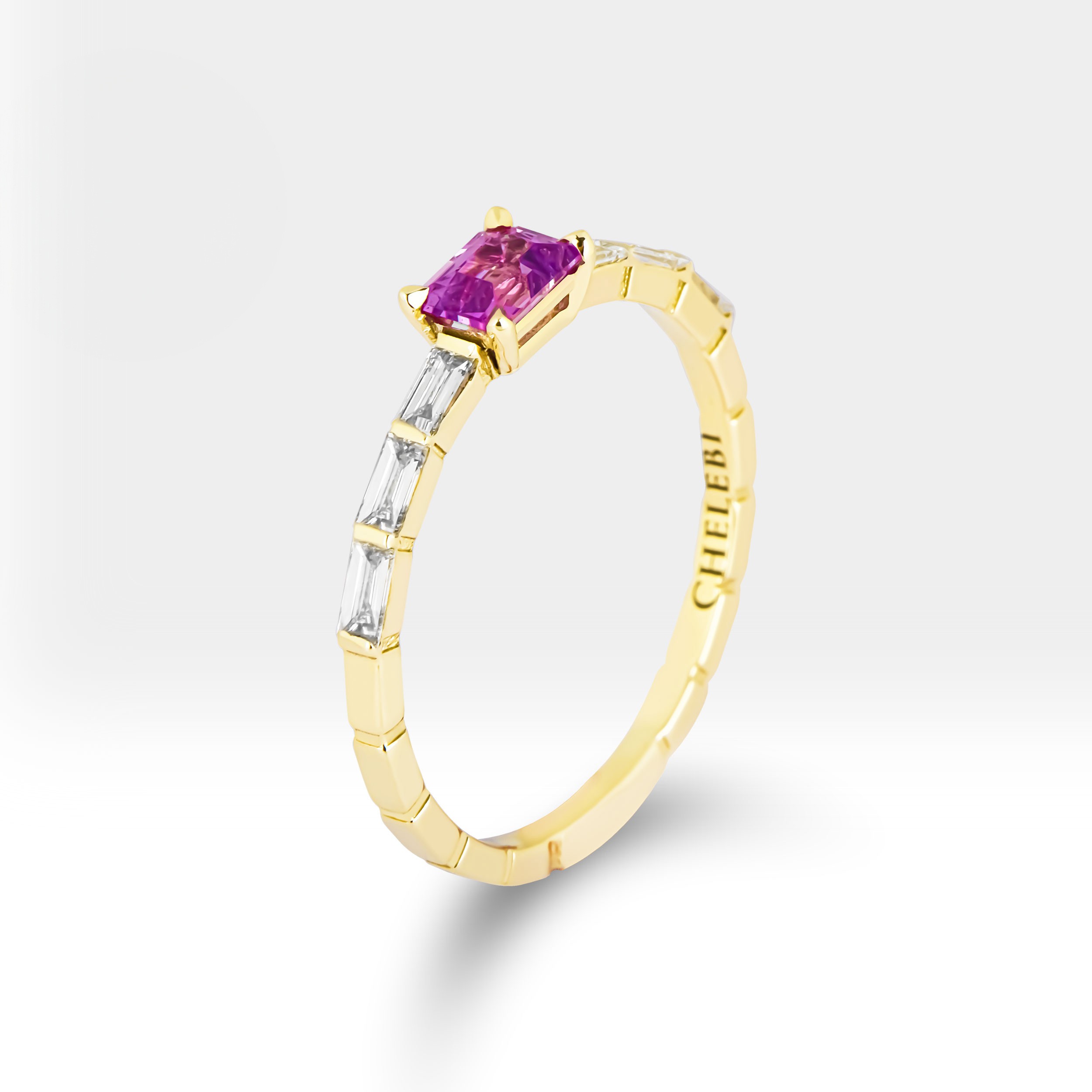 Pink Sapphire and Baguette Diamond Ring