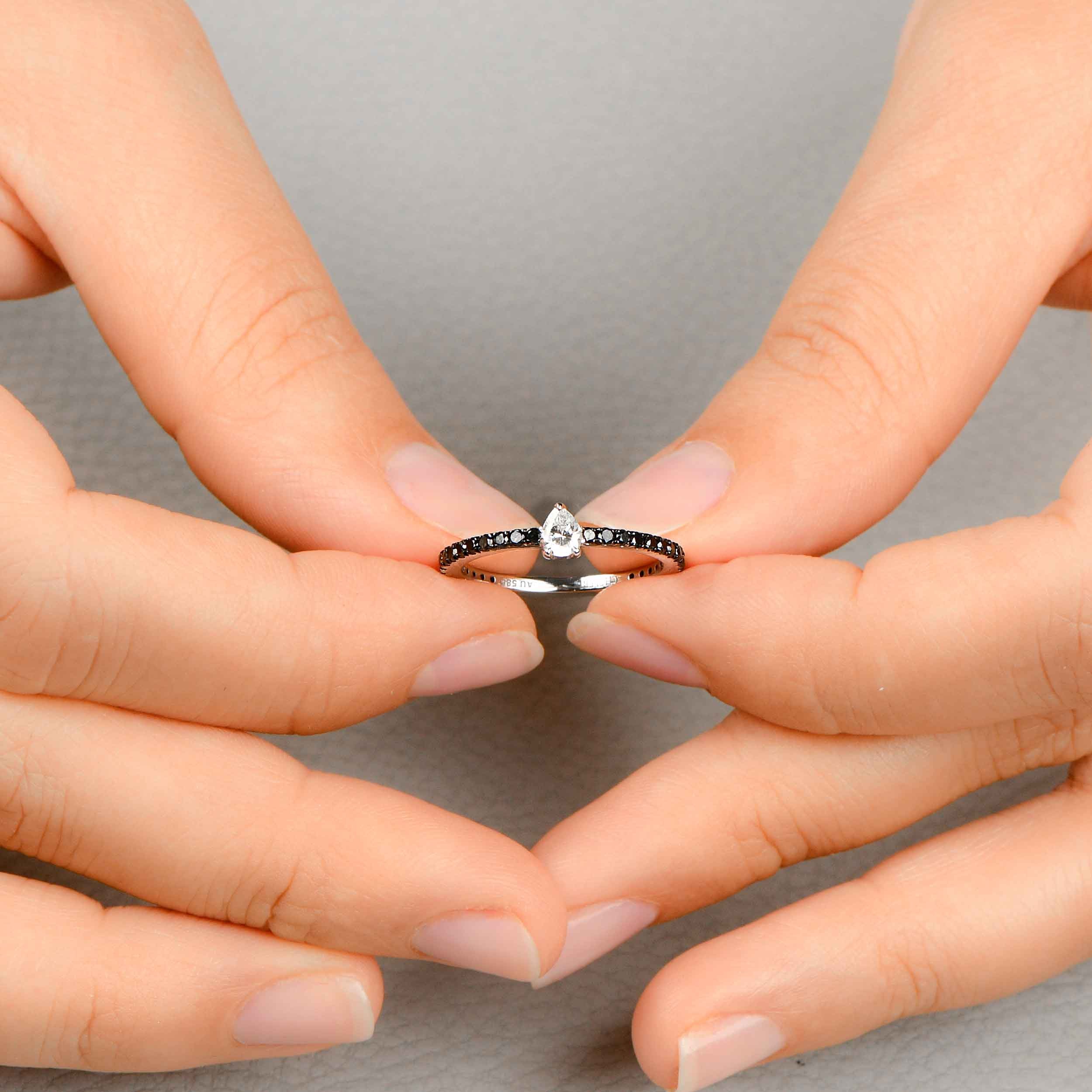 Black Diamond Ring – 14K Solid Gold Pear Solitaire