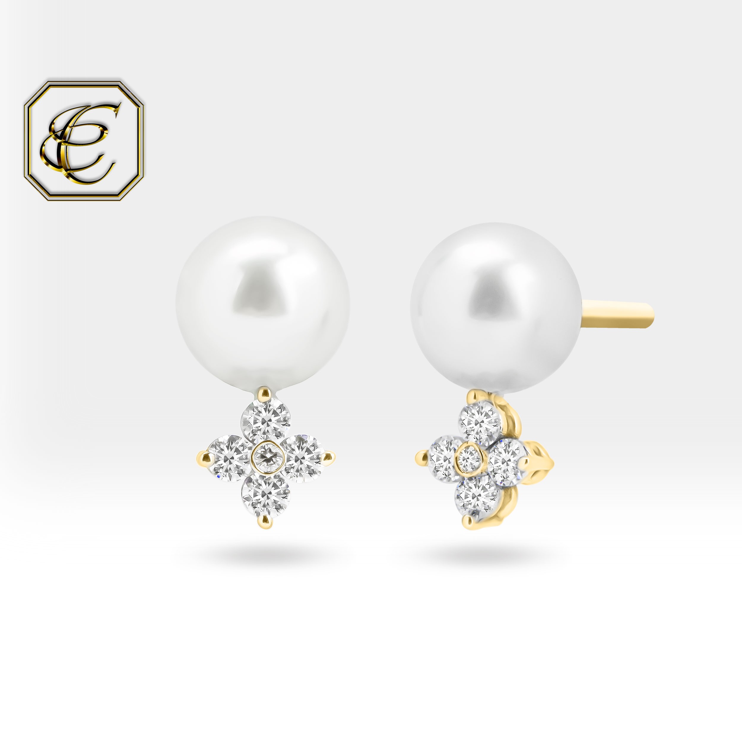 Diamond Clover Pearl Earrings