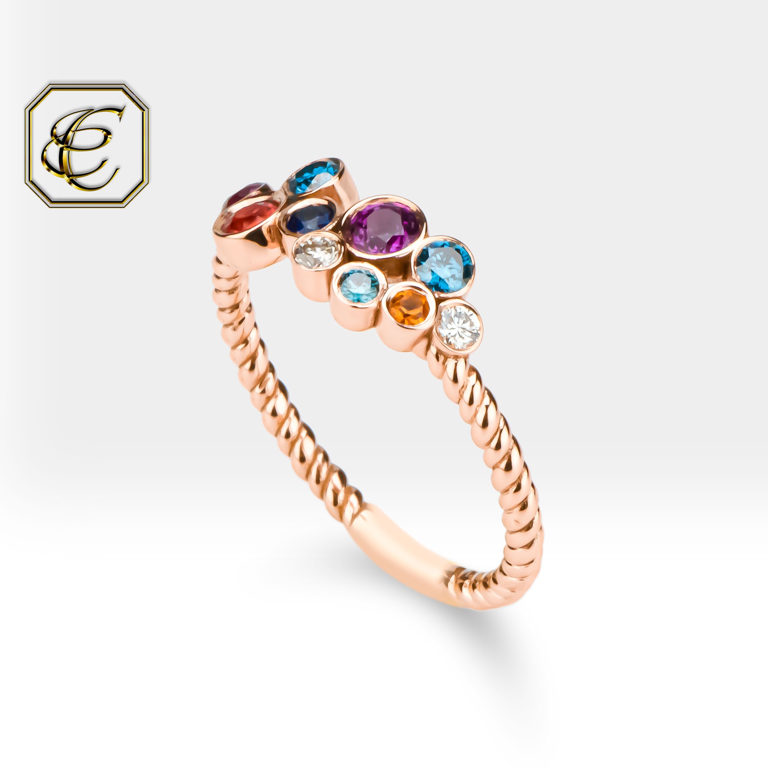 Colorful Diamond Ring in 14K Solid Gold