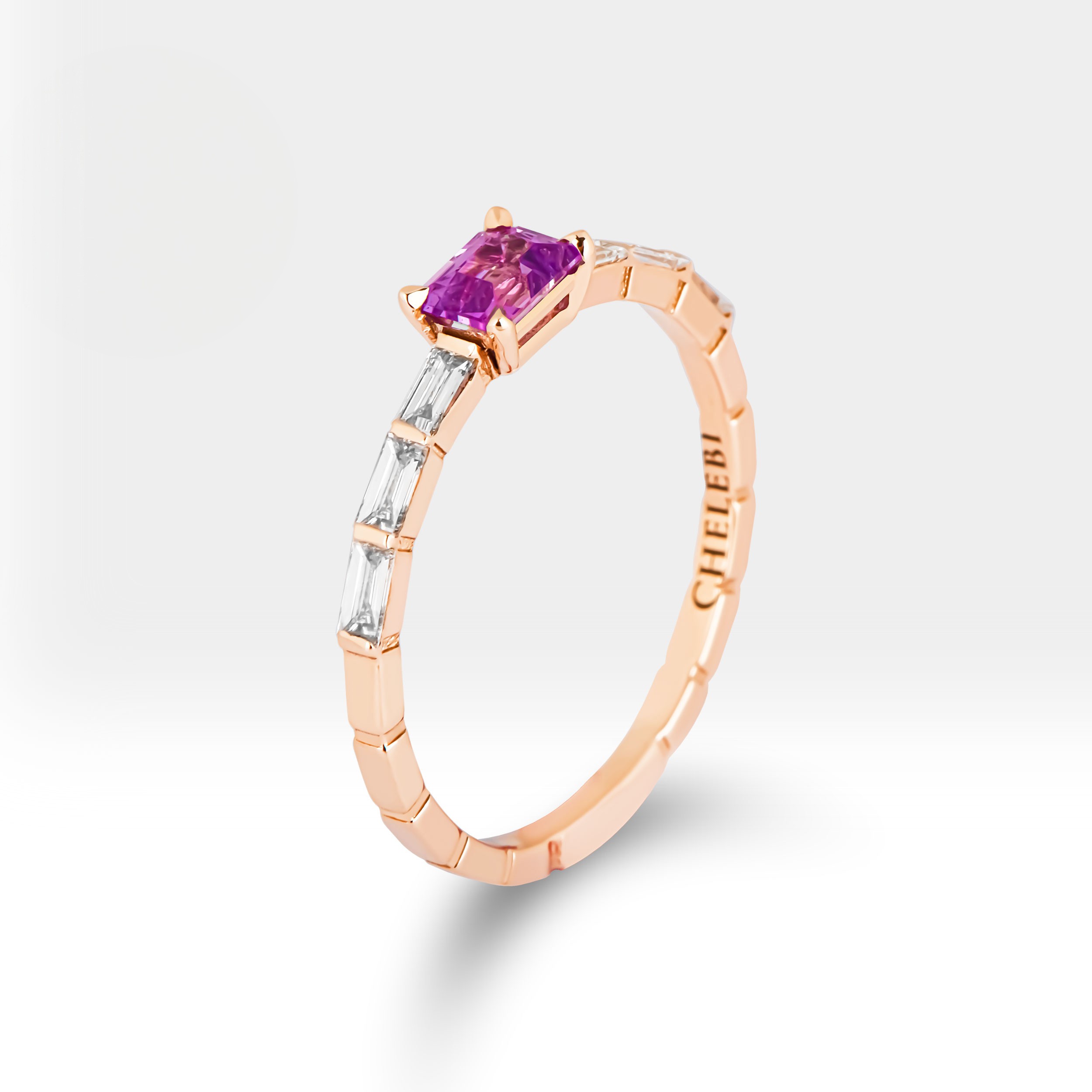 Pink Sapphire and Baguette Diamond Ring