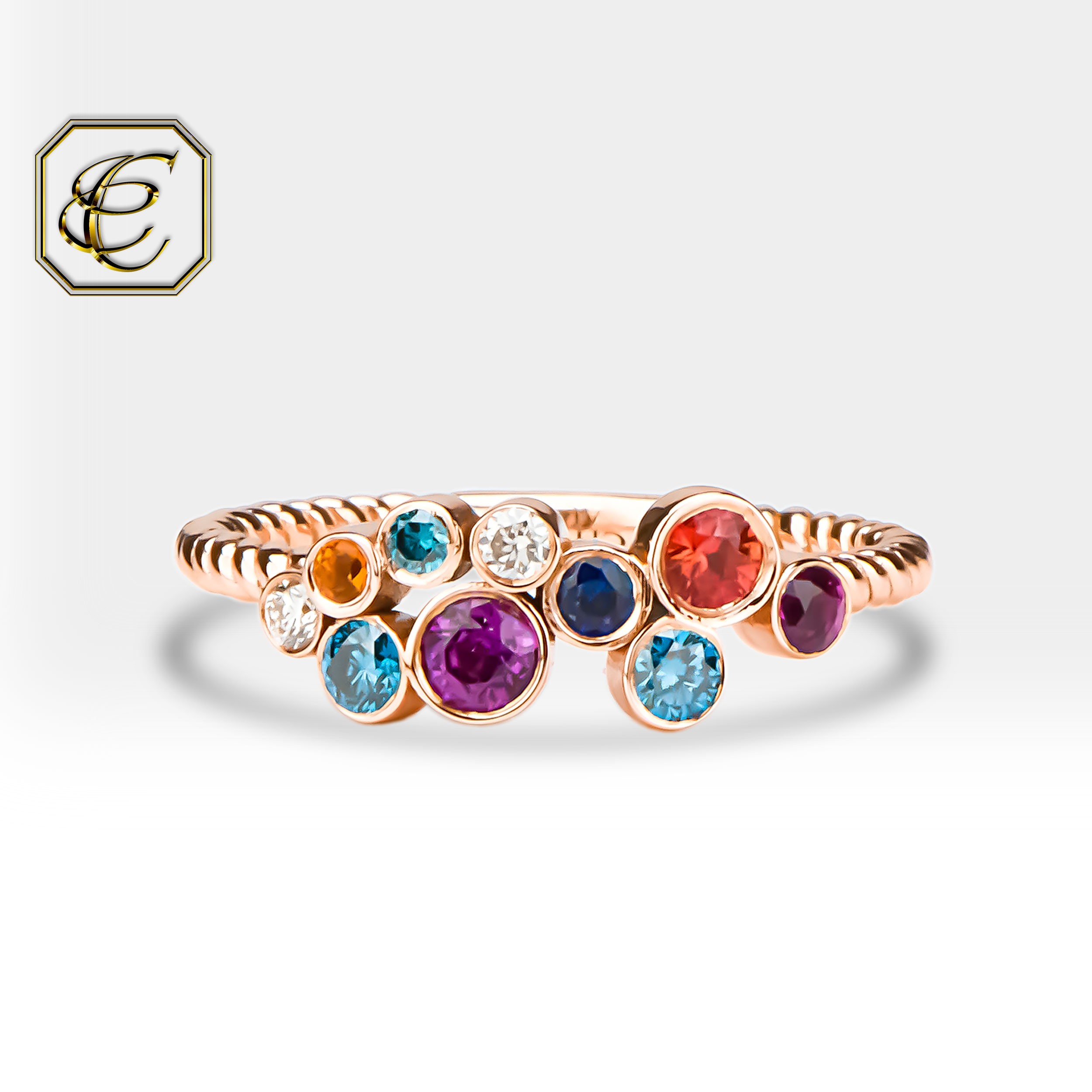 Colorful Diamond Ring in 14K Solid Gold