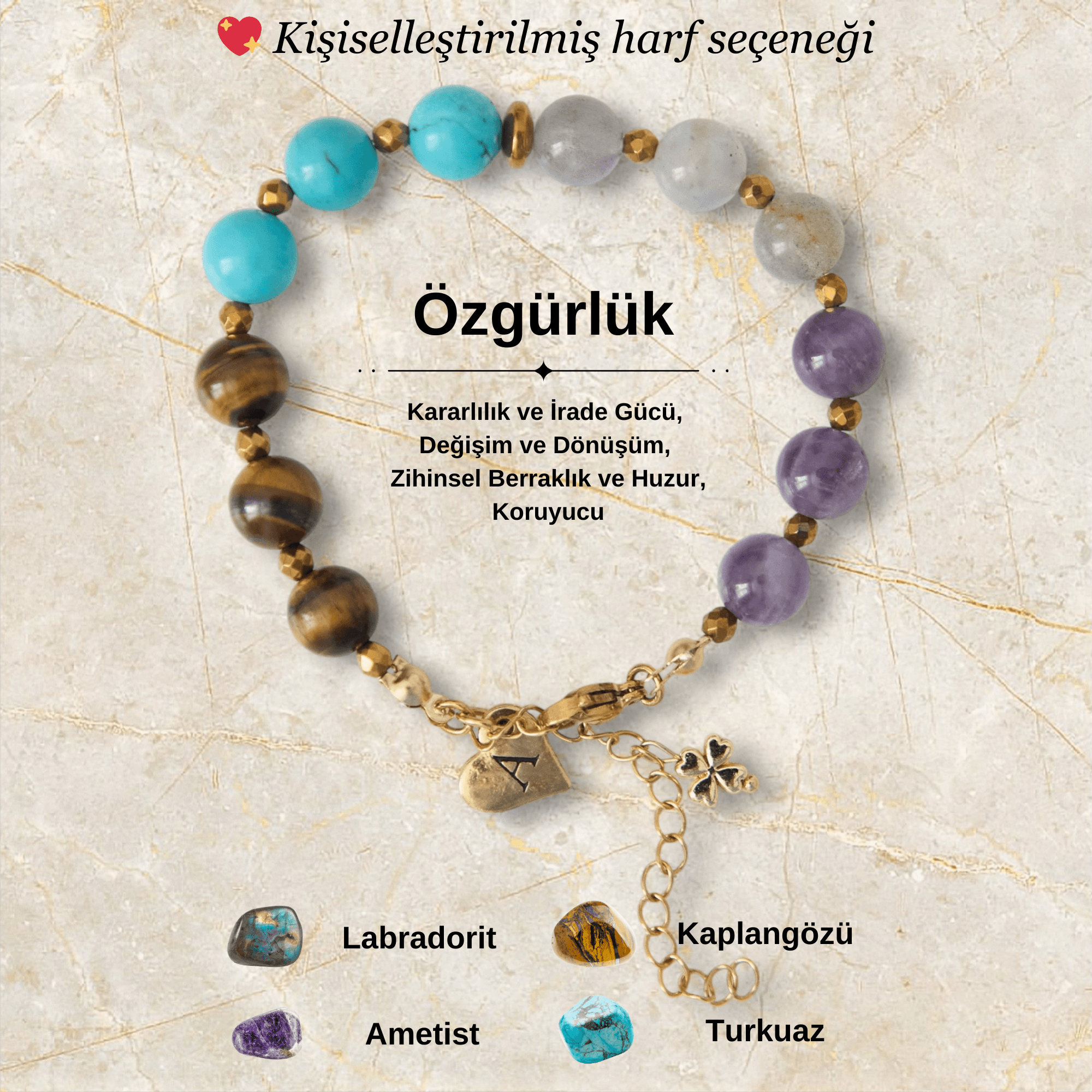 Kişiye Özel Özgürlük Temalı Doğal Taş Çelik Bileklik