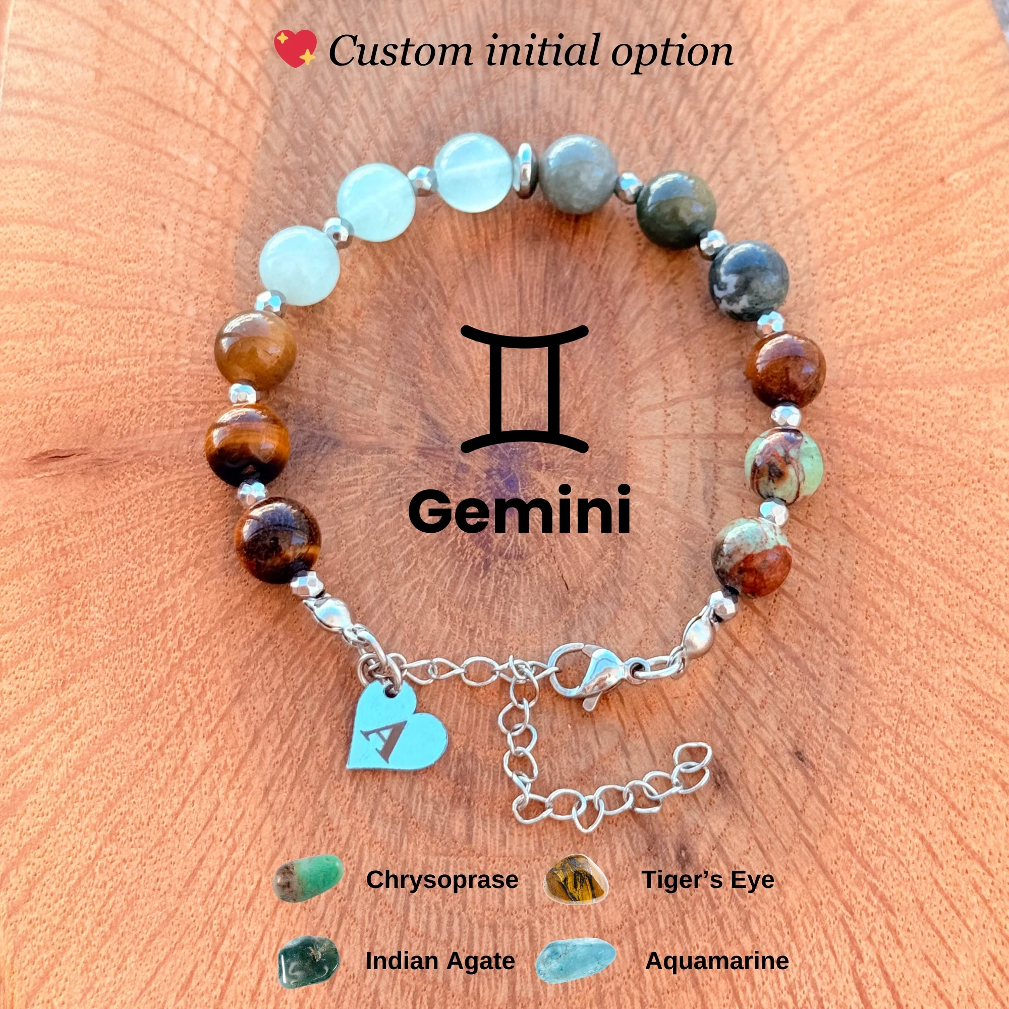 Personalized Gemini Zodiac Gemstone Silver Stainless Steel Bracelet