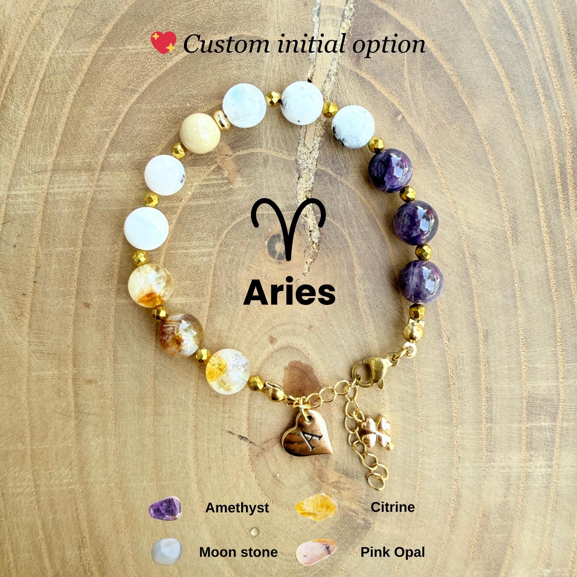 Personalized Aries Zodiac Gemstone Stainless Steel Bracelet