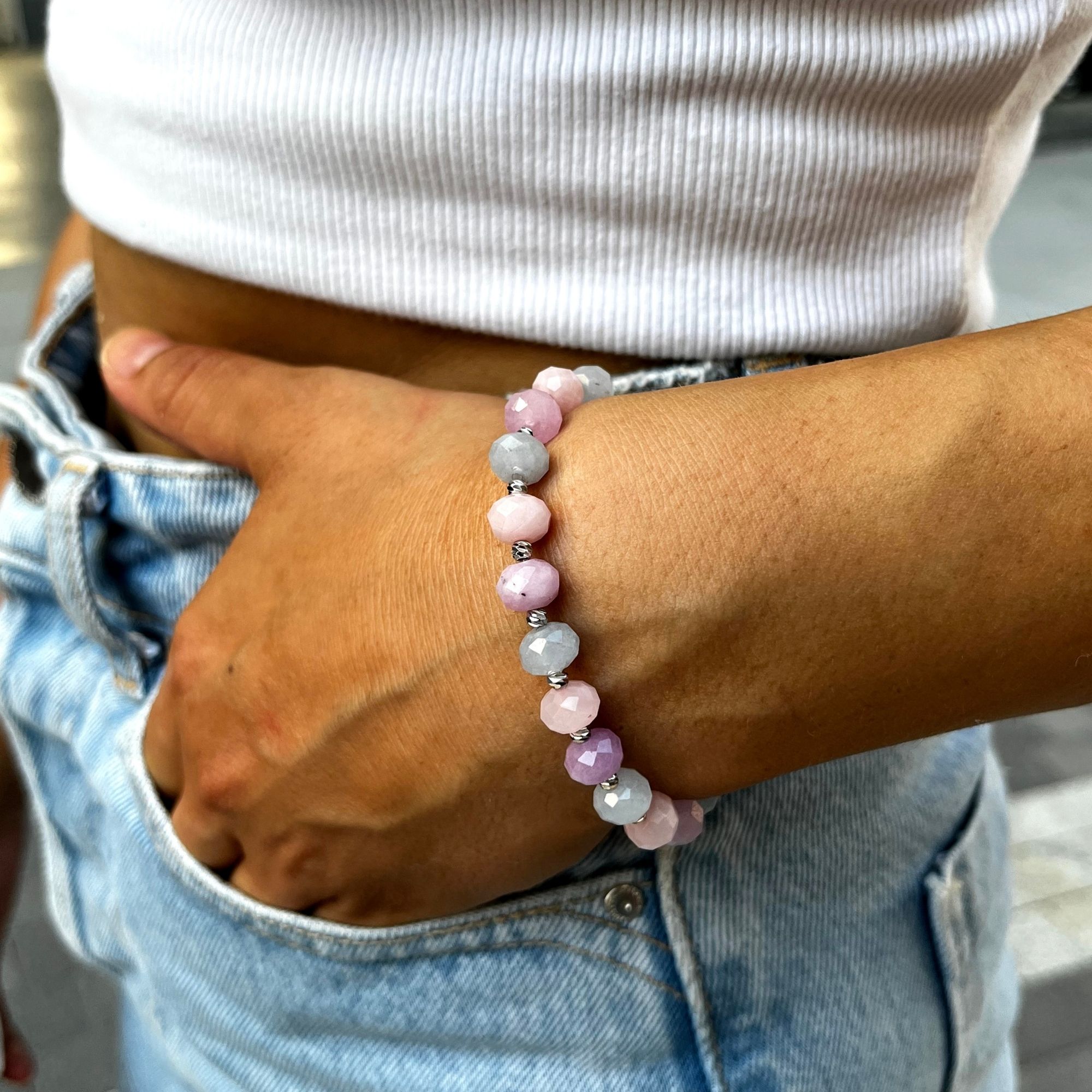 Facet Cut Kunzite-Aquamarine-Rose Quartz Gemstone 'Elegance' Bracelet