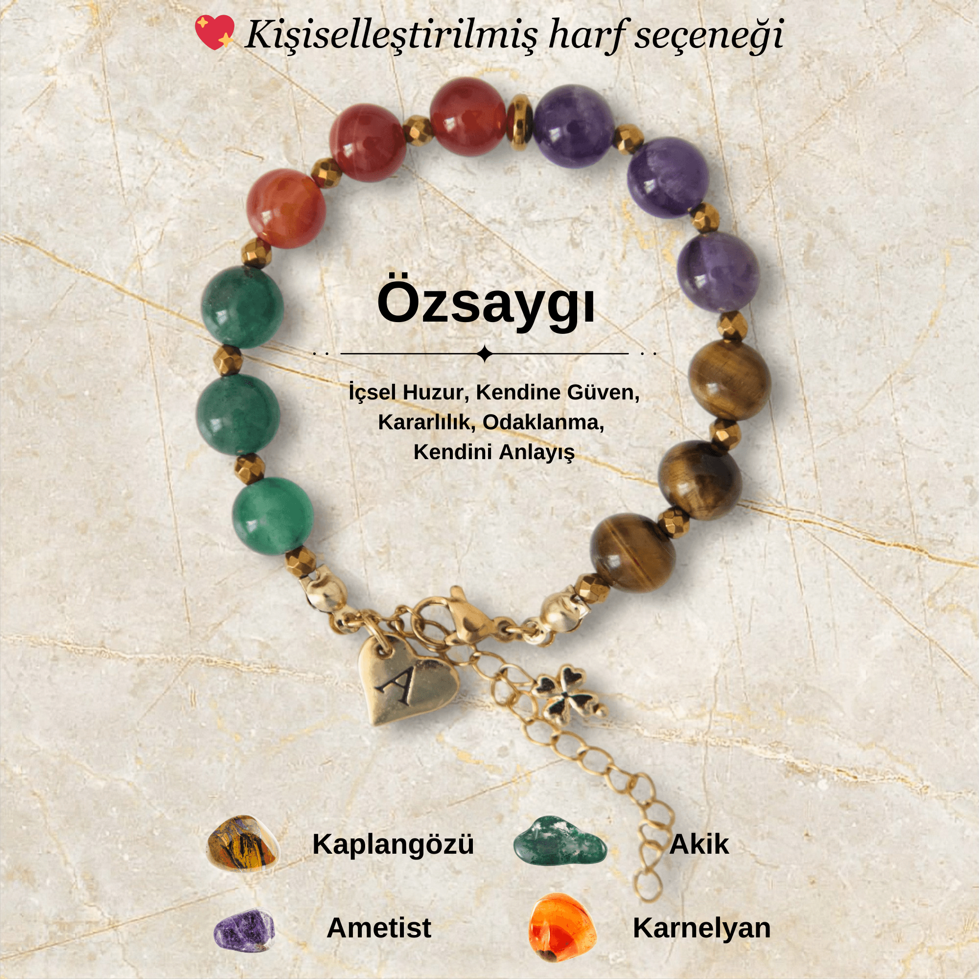 Kişiye Özel Özsaygı Temalı Doğal Taş Çelik Bileklik