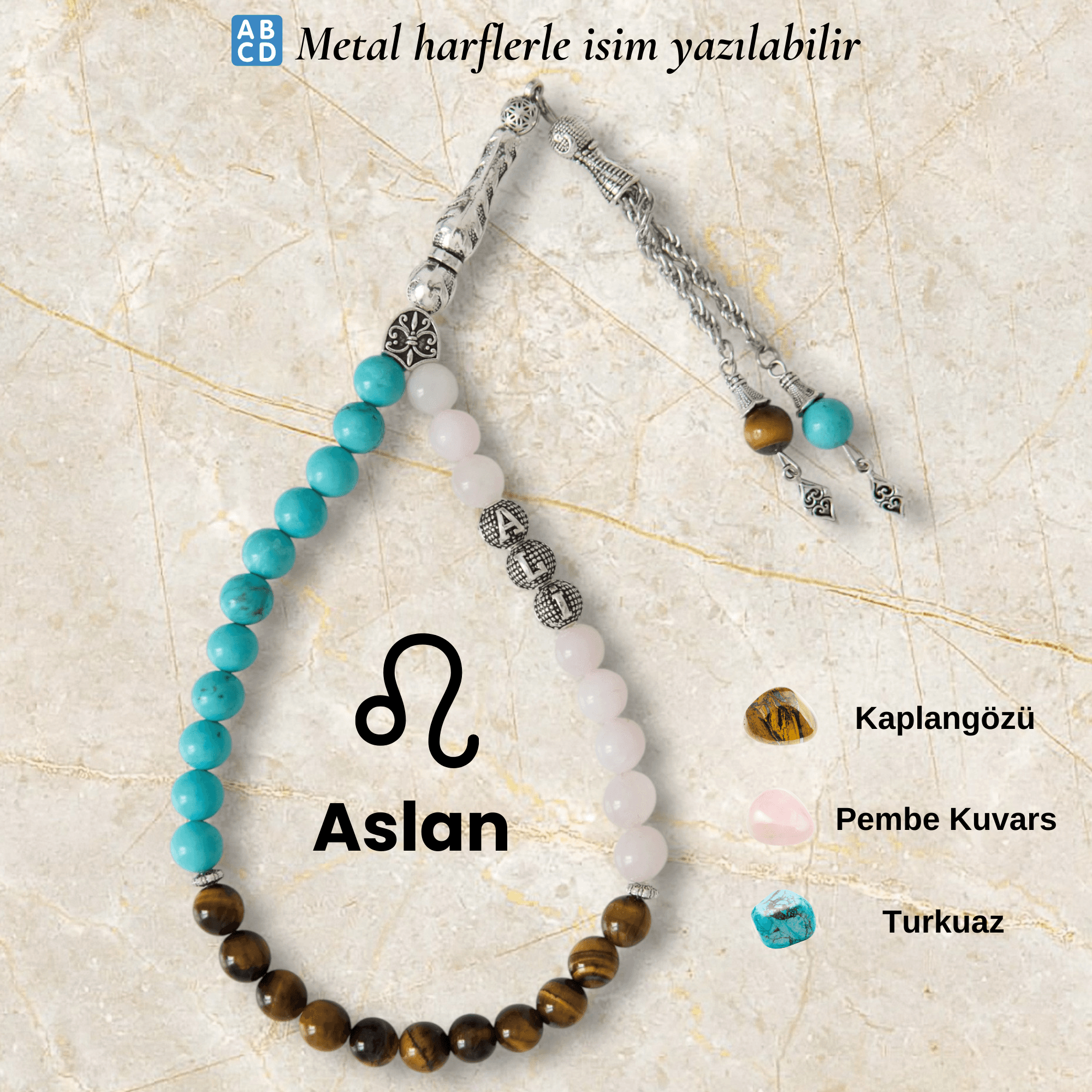 Aslan Burcu Doğal Taş Tespih – Kişiye Özel İsimli