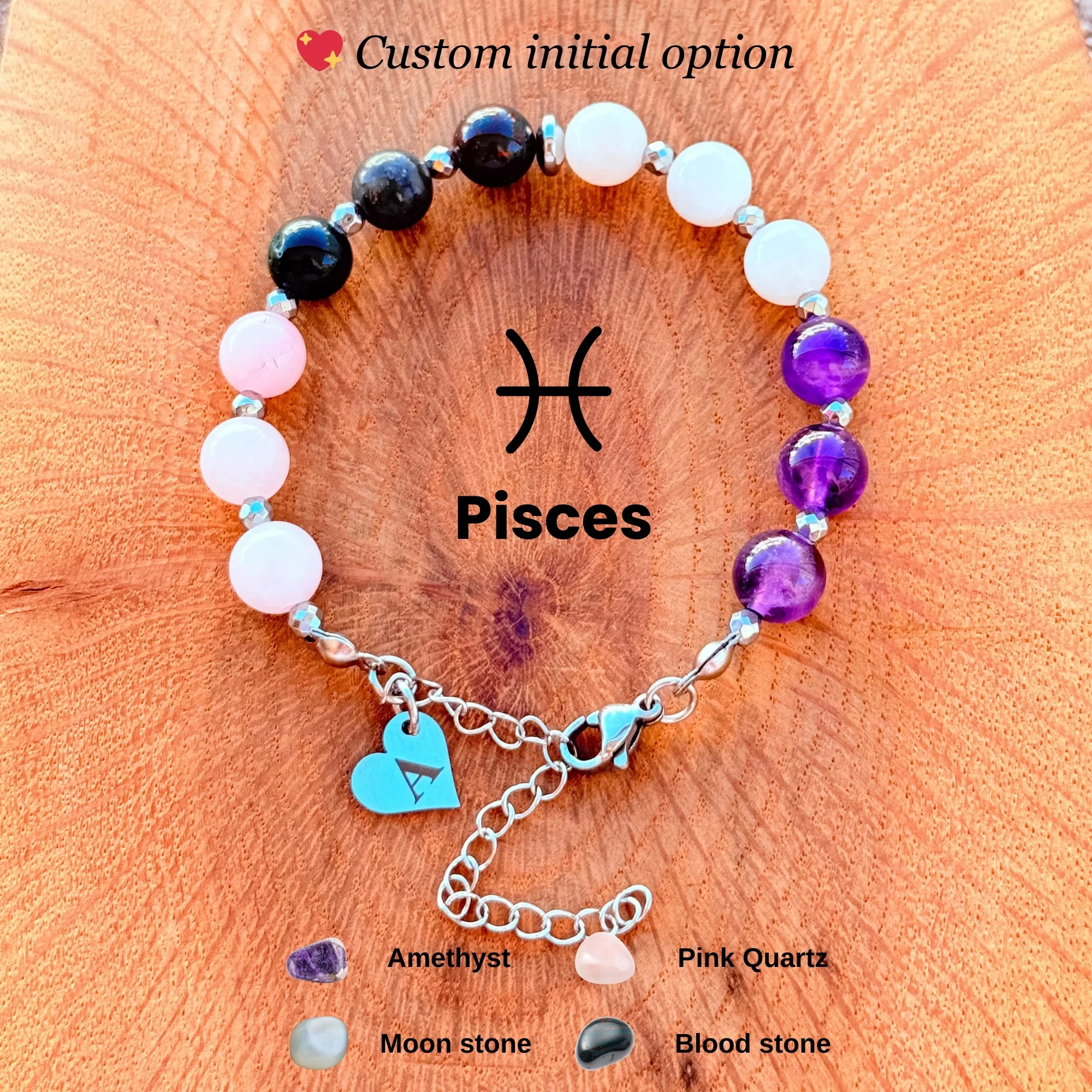 Personalized Pisces Zodiac Gemstone Silver Stainless Steel Bracelet
