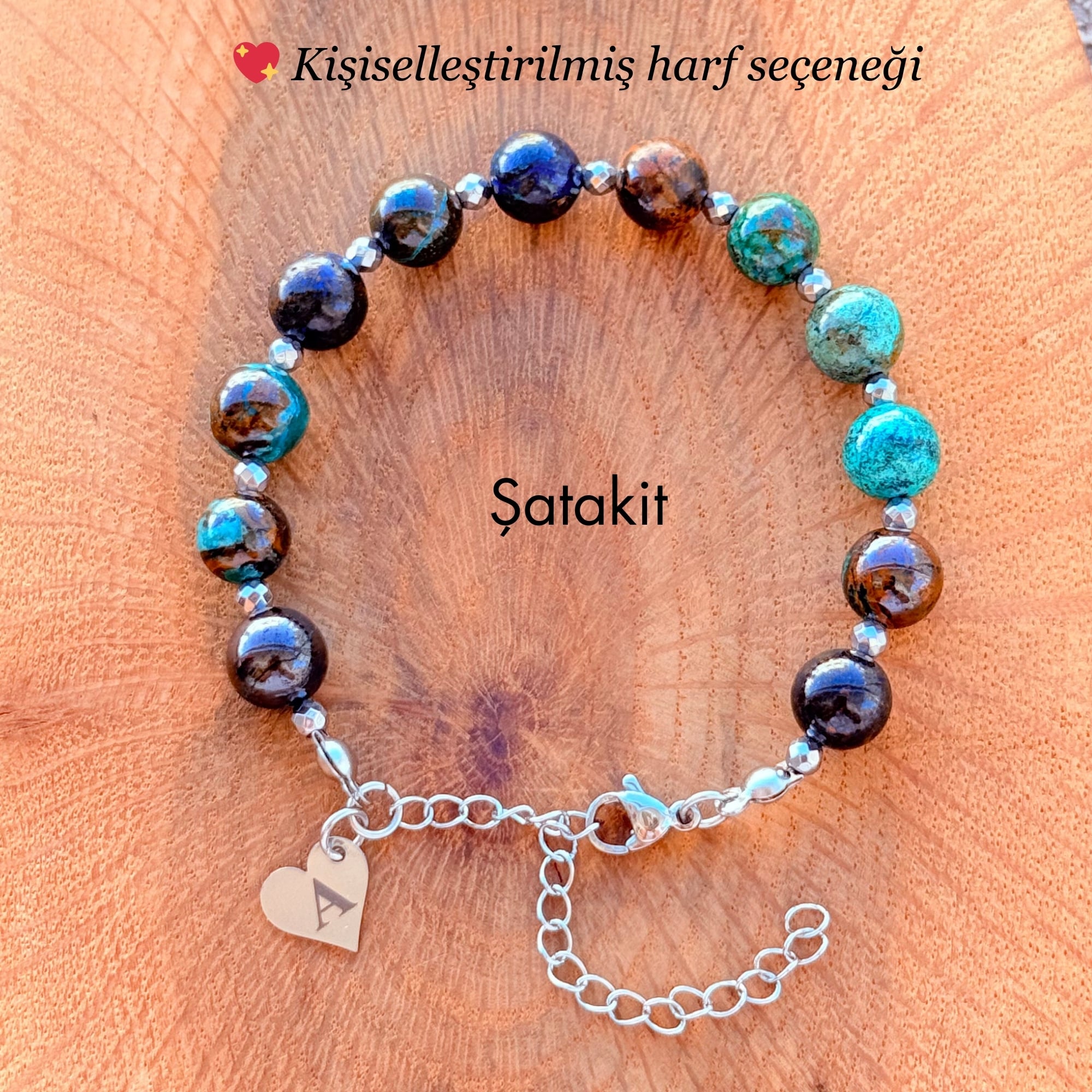 Şatakit Doğal Taş Bileklik – Kişisel Harf Seçenekli Silver