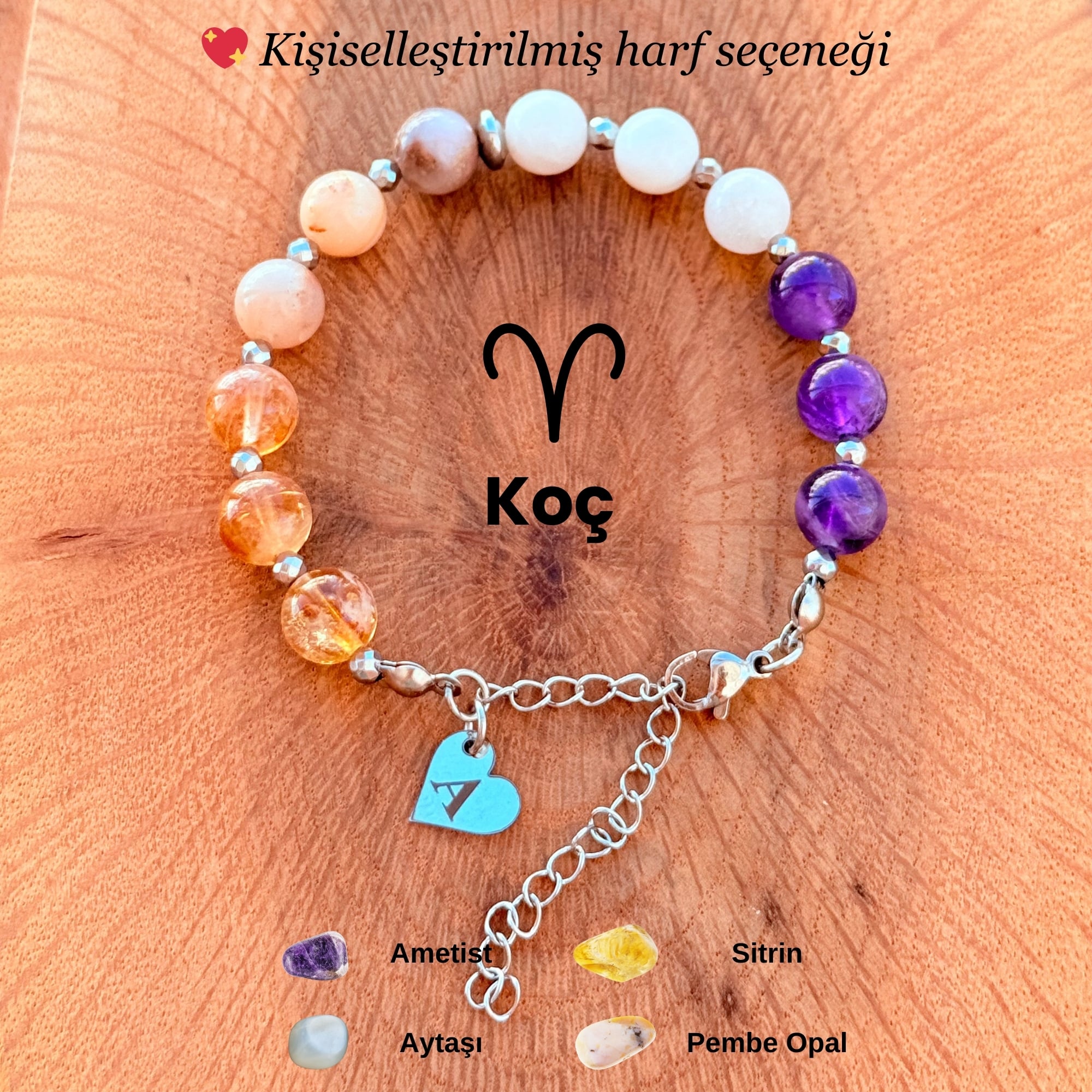 Kişiye Özel Koç Burcu Doğal Taş Silver Çelik Bileklik
