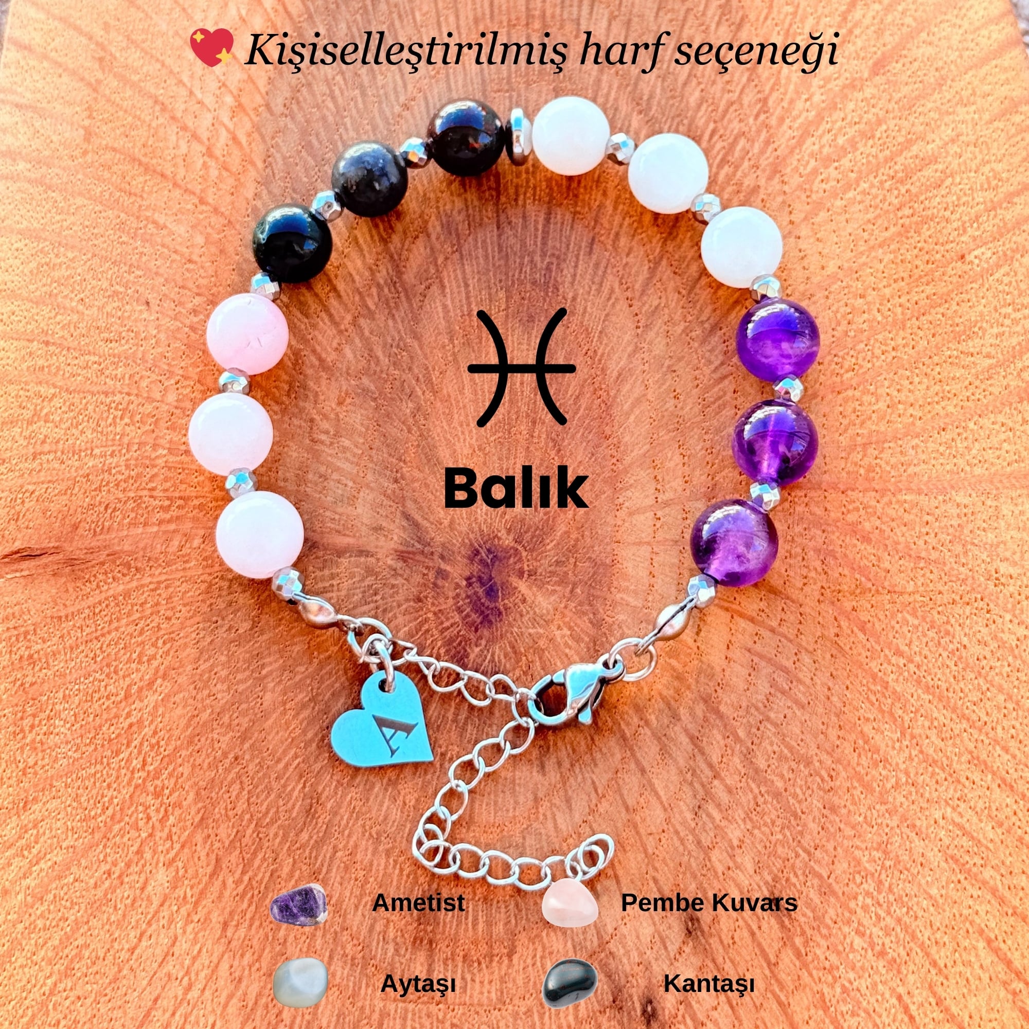 Kişiye Özel Balık Burcu Doğal Taş Silver Çelik Bileklik