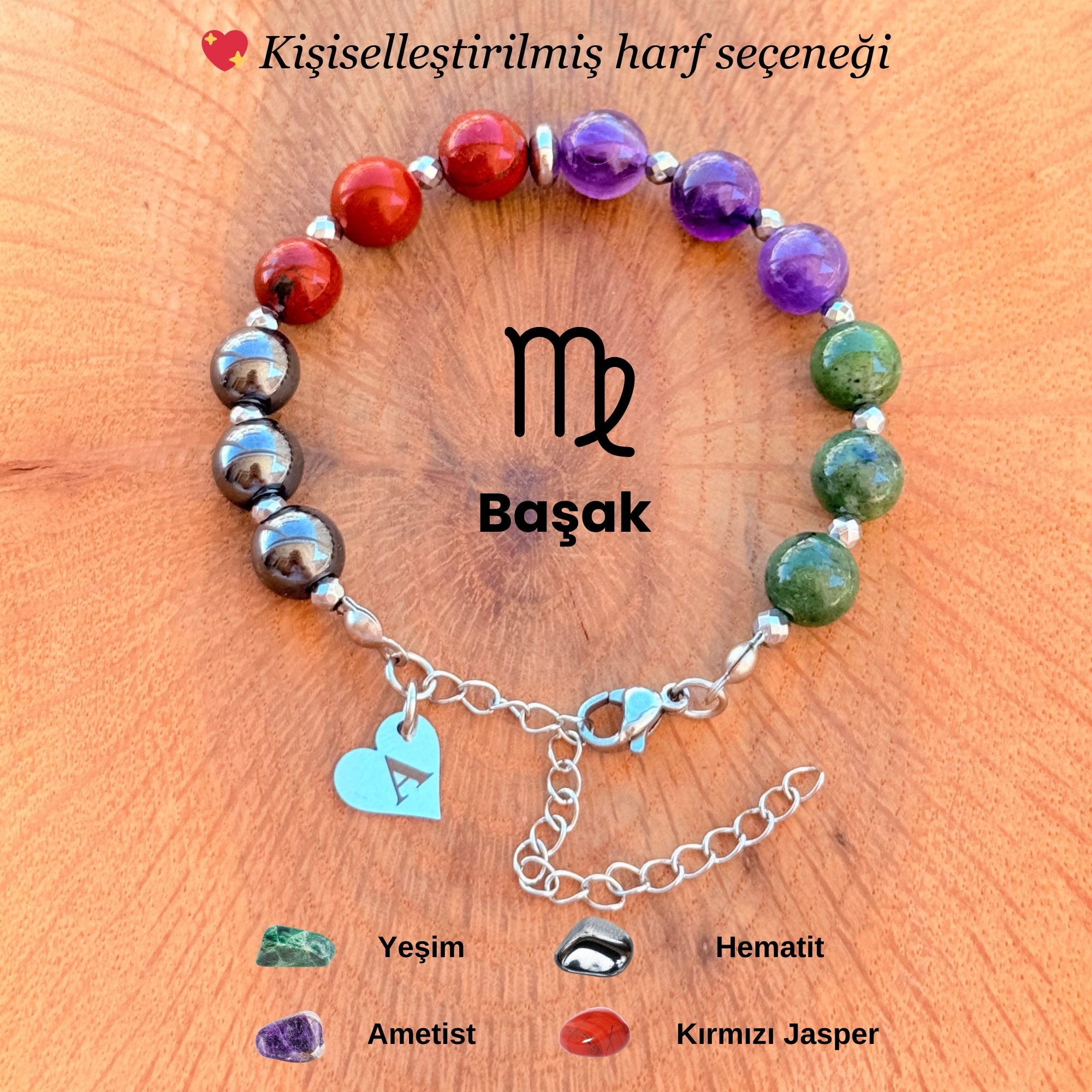 Kişiye Özel Başak Burcu Doğal Taş Silver Çelik Bileklik