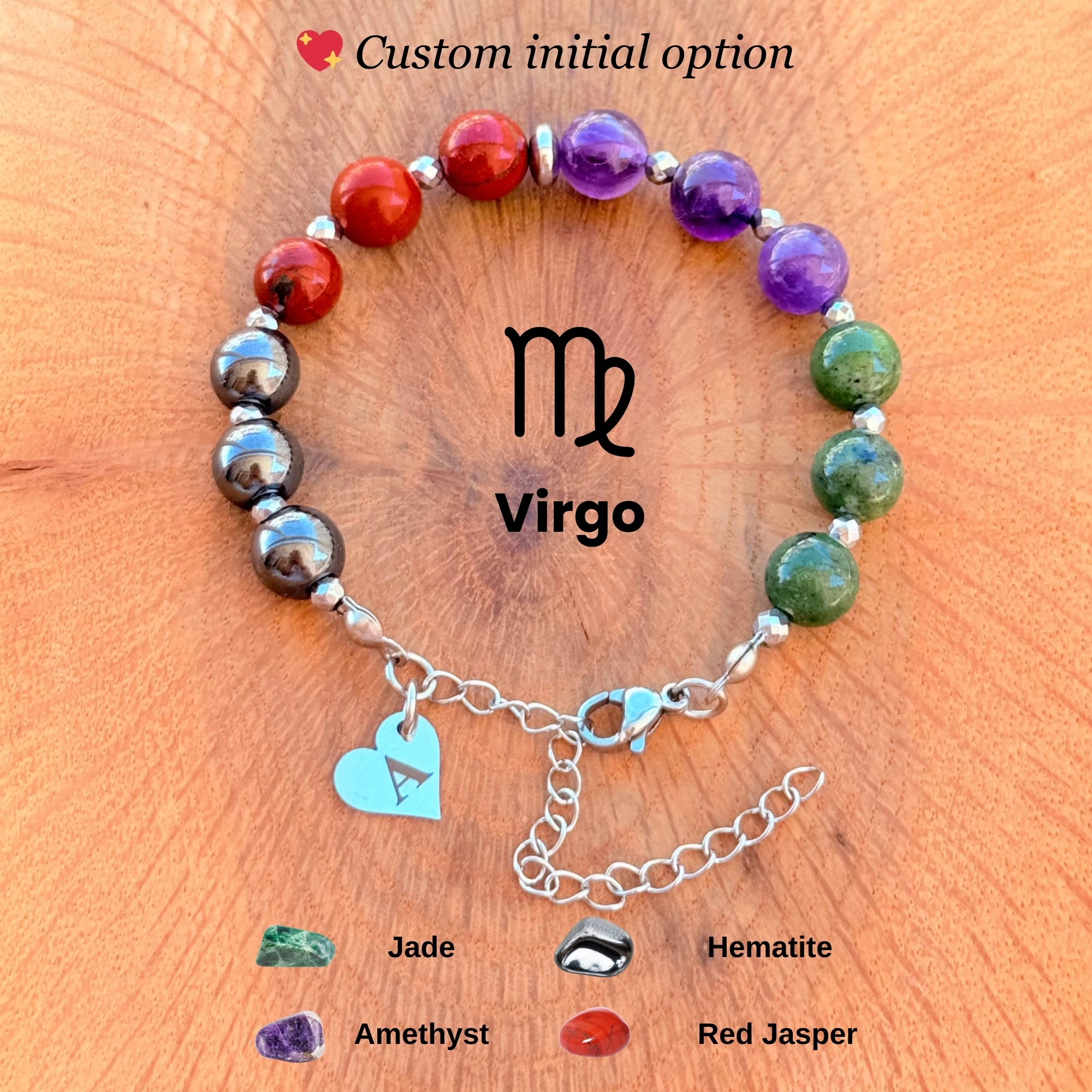 Personalized Virgo Zodiac Gemstone Silver Stainless Steel Bracelet