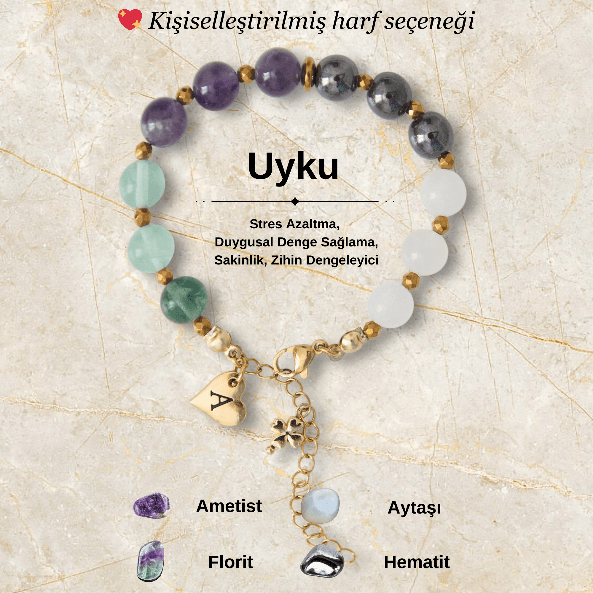 Kişiye Özel Uyku Temalı Doğal Taş Çelik Bileklik