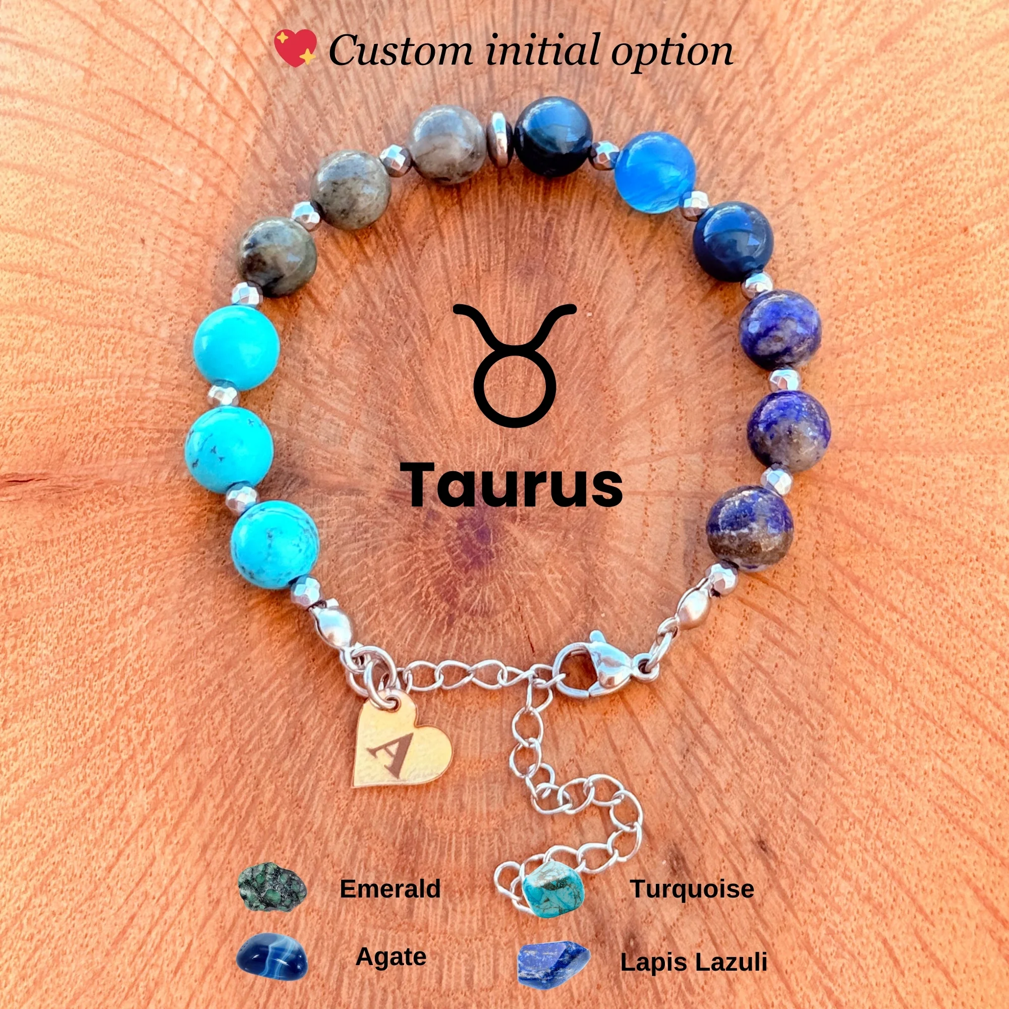 Personalized Taurus Zodiac Gemstone Silver Stainless Steel Bracelet