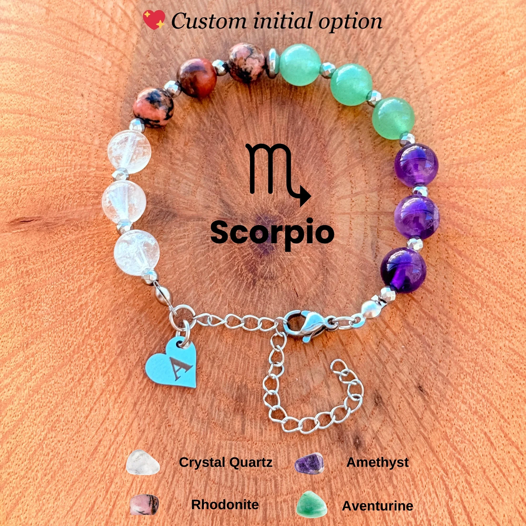 Personalized Scorpio Zodiac Gemstone Silver Stainless Steel Bracelet