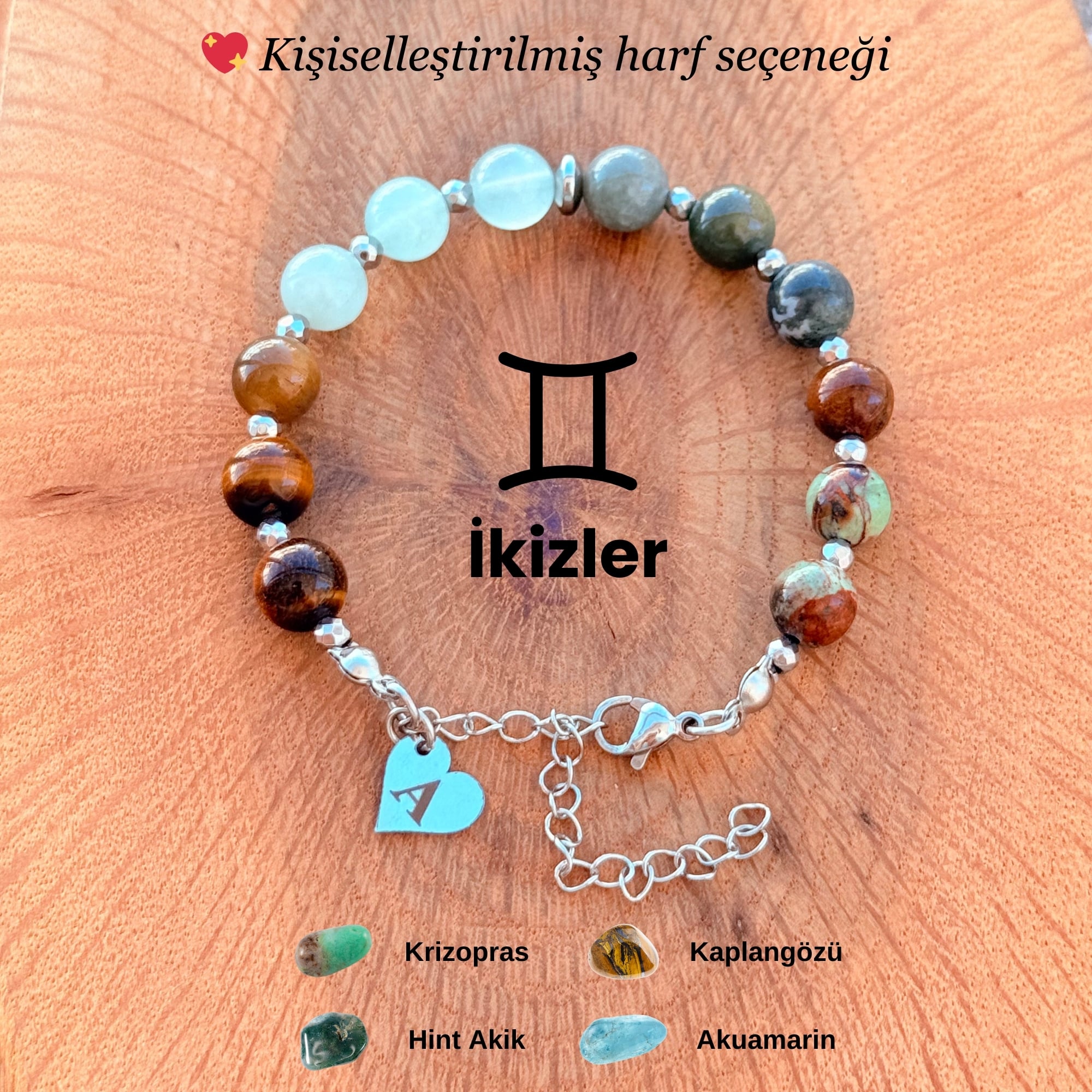Kişiye Özel İkizler Burcu Doğal Taş Silver Çelik Bileklik
