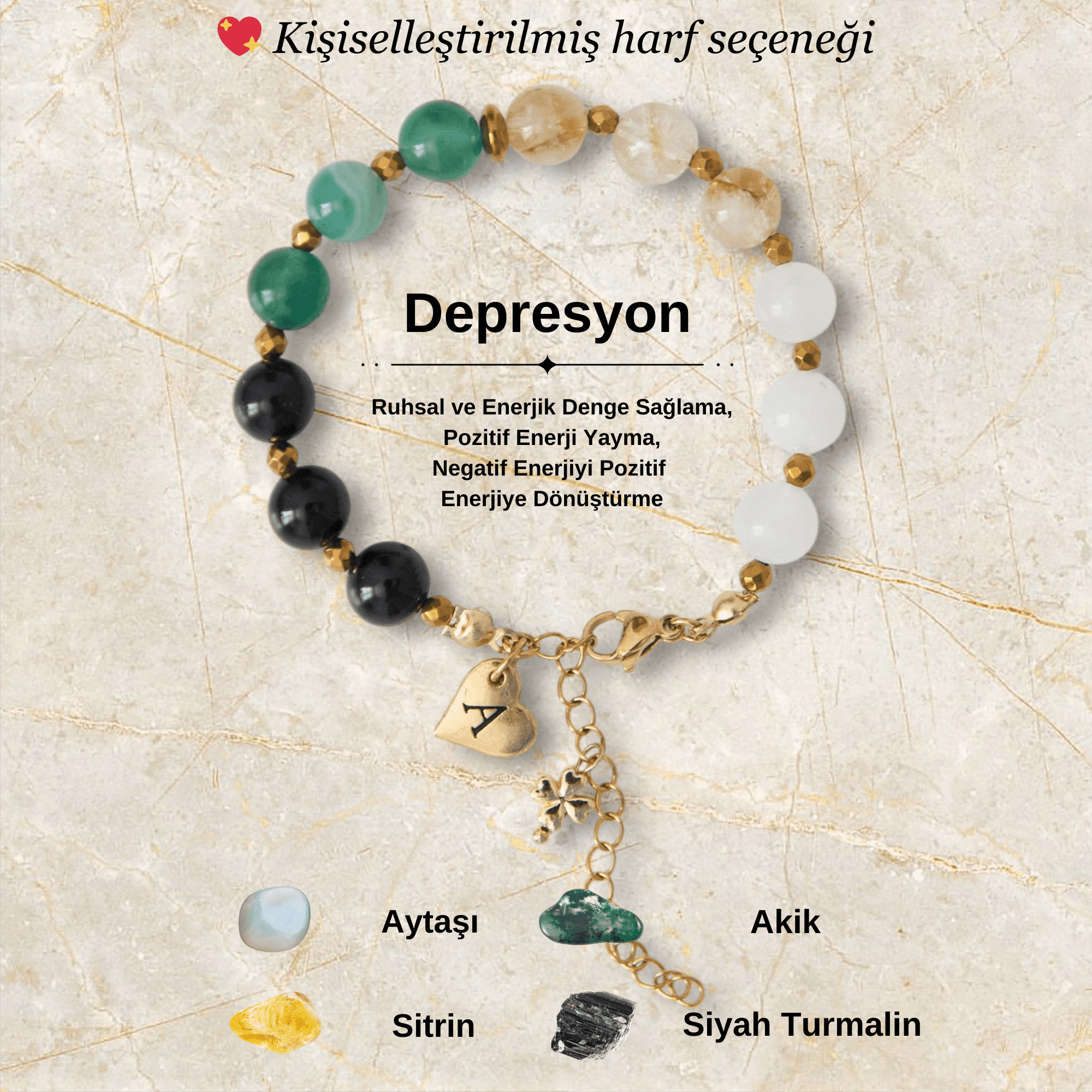 Kişiye Özel Depresyon Temalı Doğal Taş Çelik Bileklik