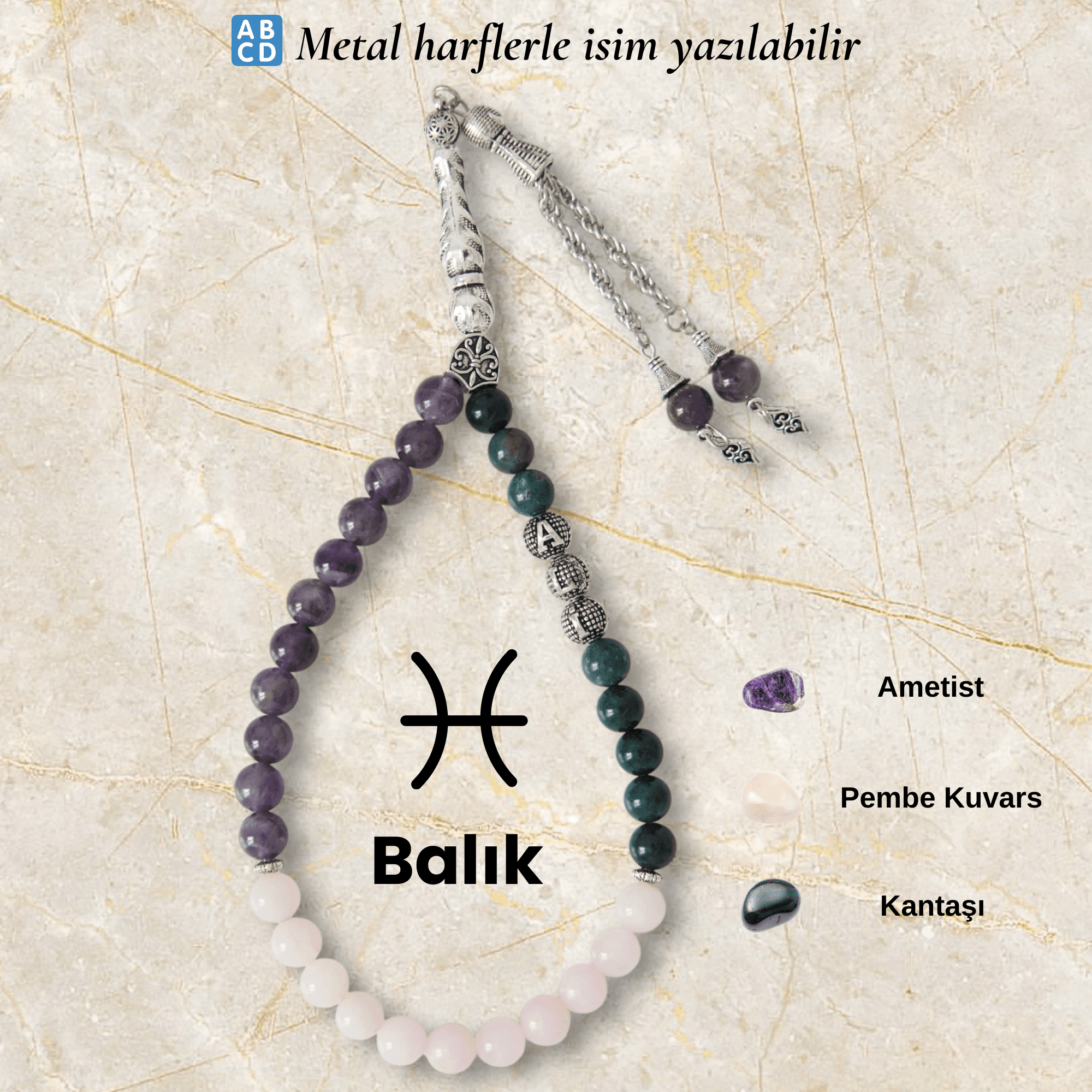 Balık Burcu Doğal Taş Tespih – Kişiye Özel İsimli