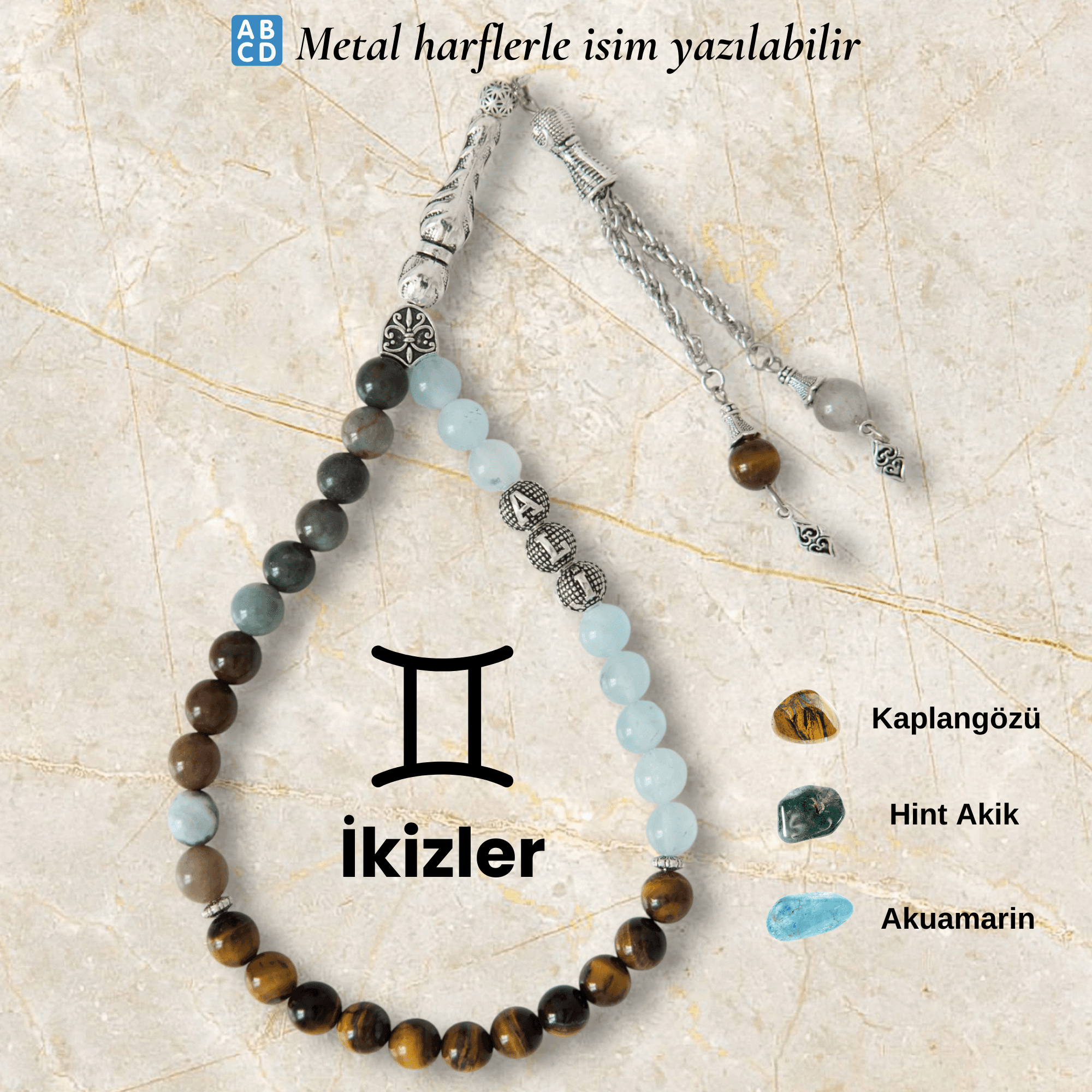 İkizler Burcu Doğal Taş Tespih – Kişiye Özel İsimli