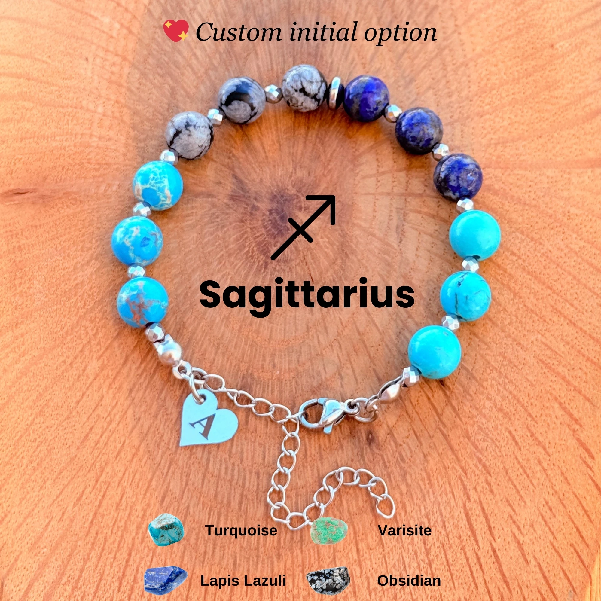 Personalized Sagittarius Zodiac Gemstone Silver Stainless Steel Bracelet