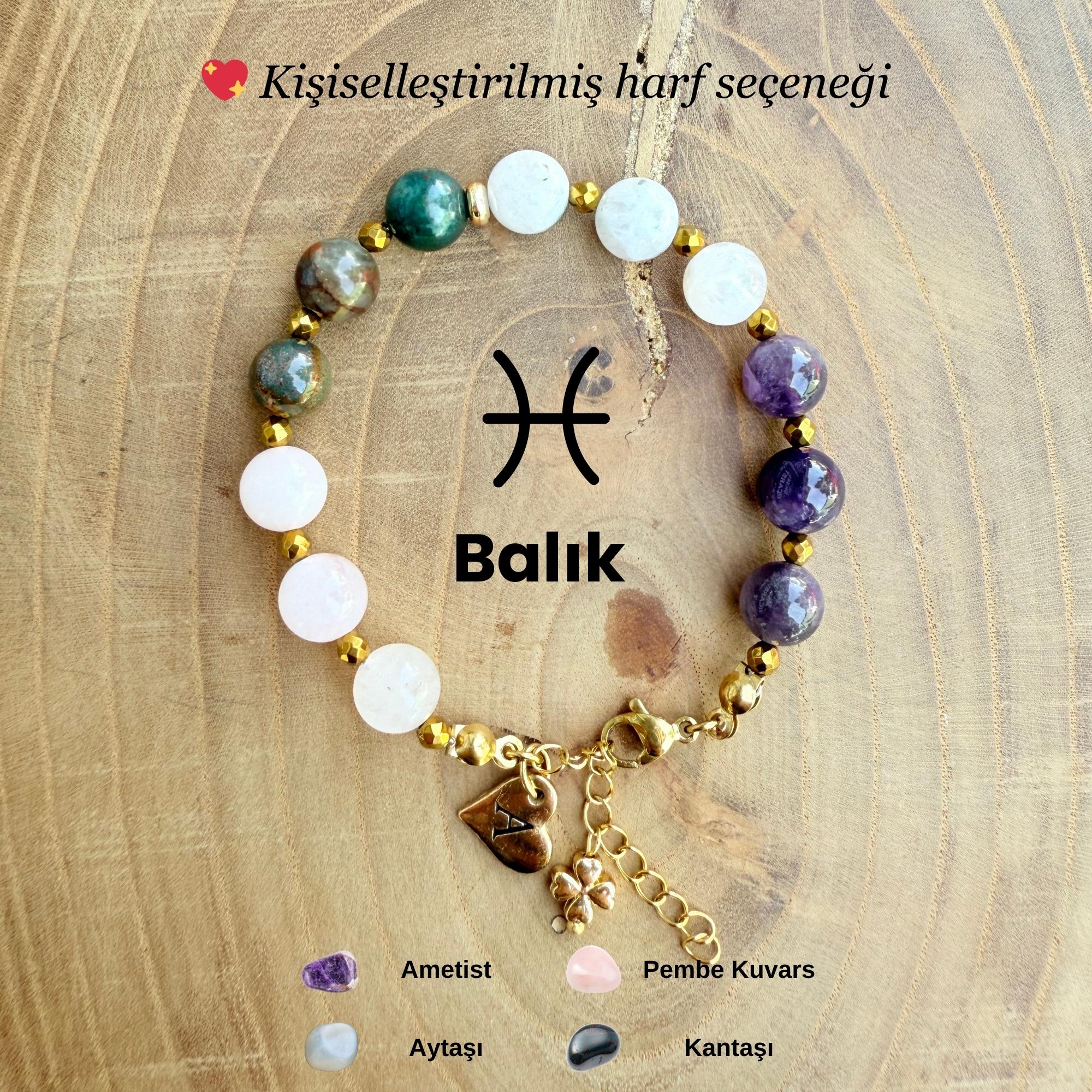 Kişiye Özel Balık Burcu Doğal Taş Çelik Bileklik