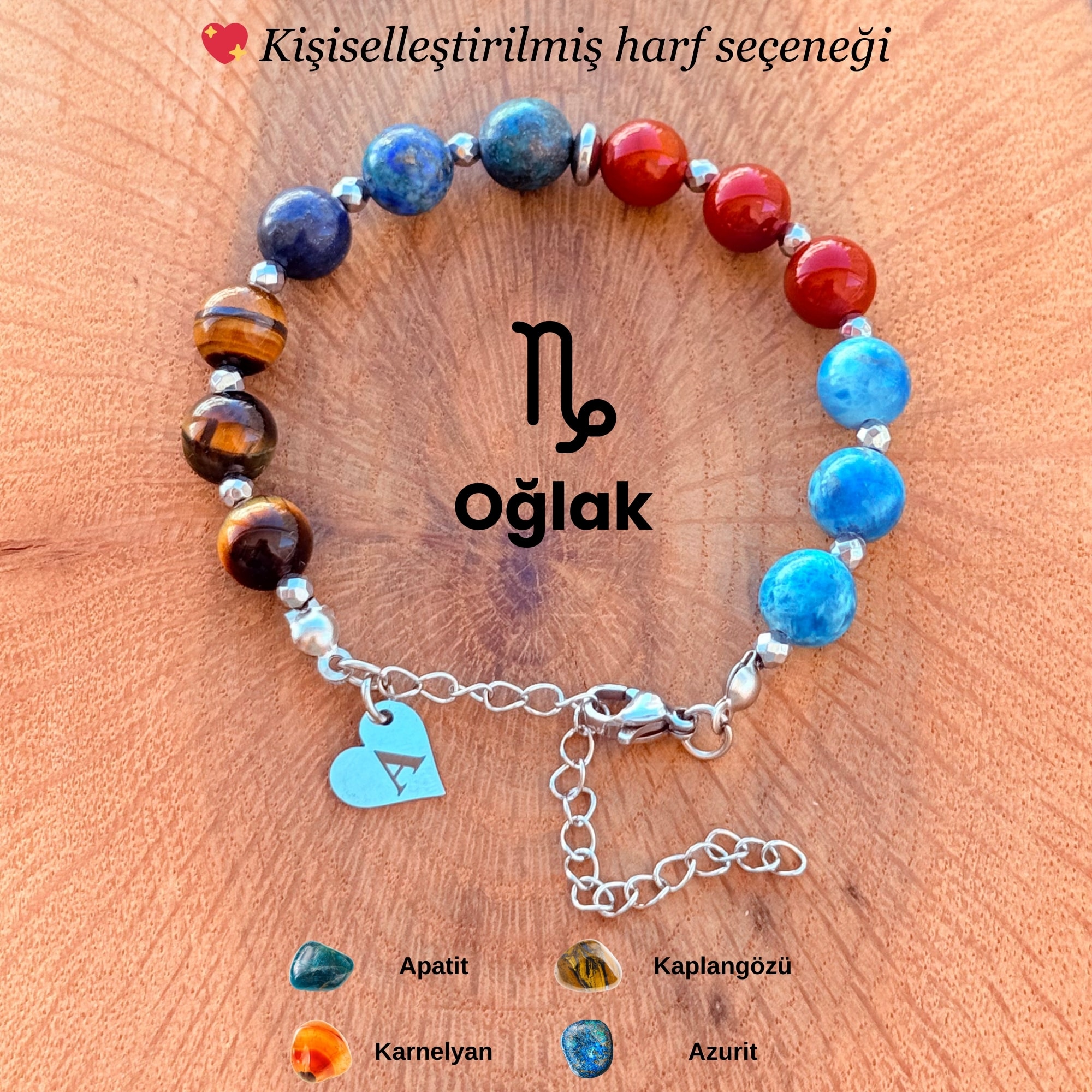 Kişiye Özel Oğlak Burcu Doğal Taş Silver Çelik Bileklik