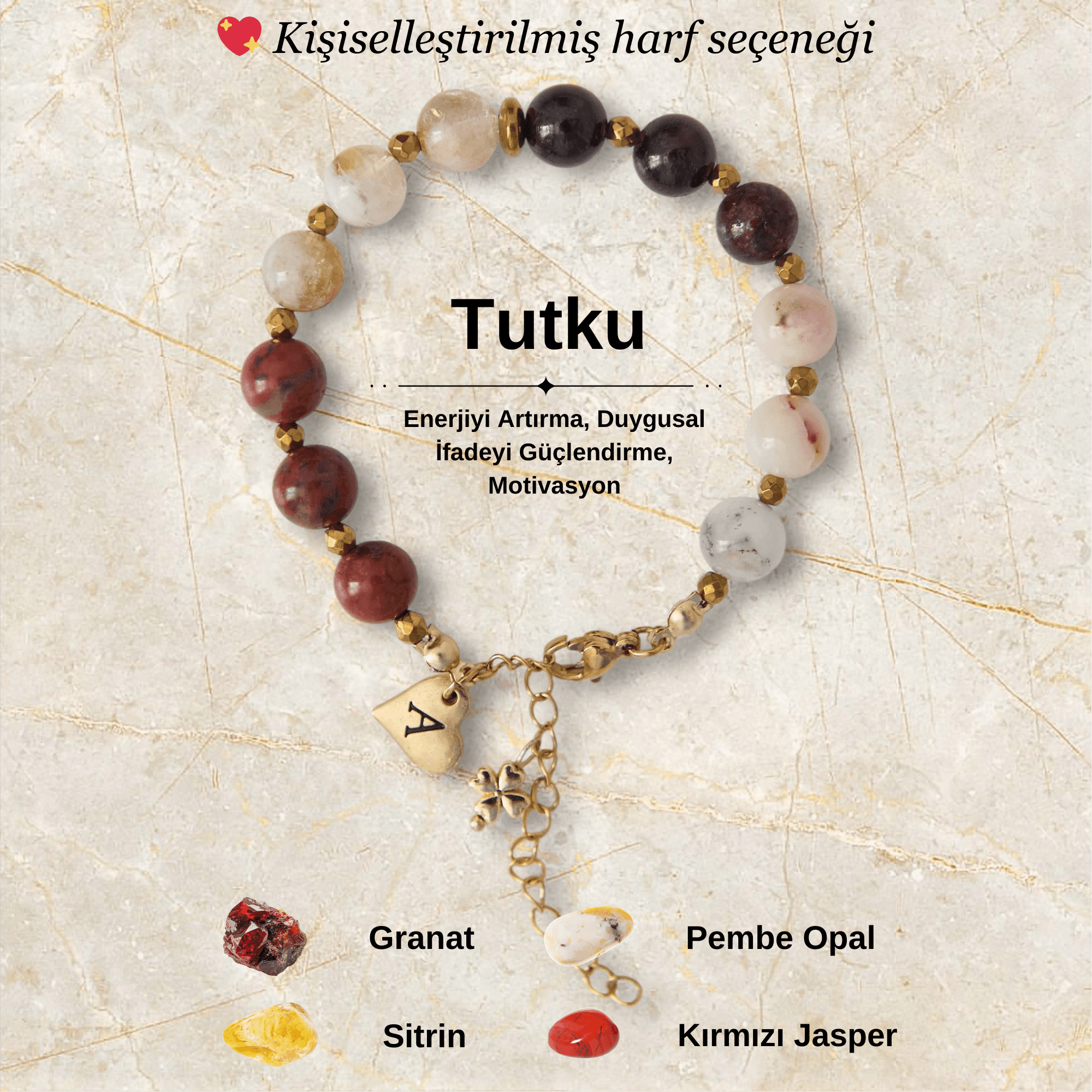 Kişiye Özel Tutku Temalı Doğal Taş Çelik Bileklik