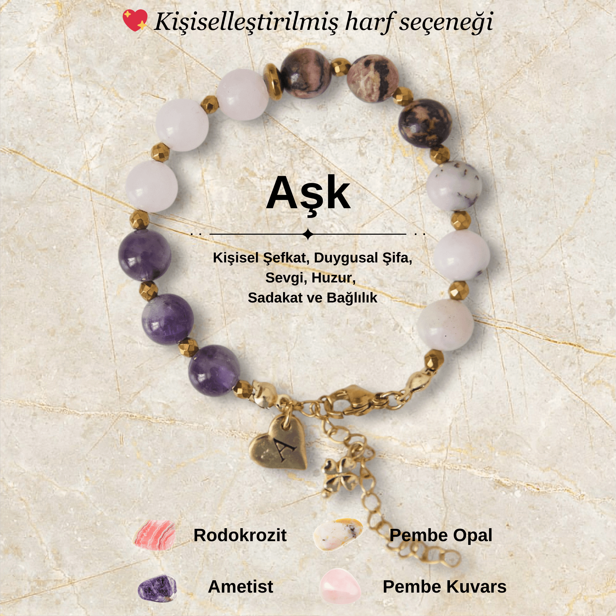 Kişiye Özel Aşk Temalı Doğal Taş Çelik Bileklik