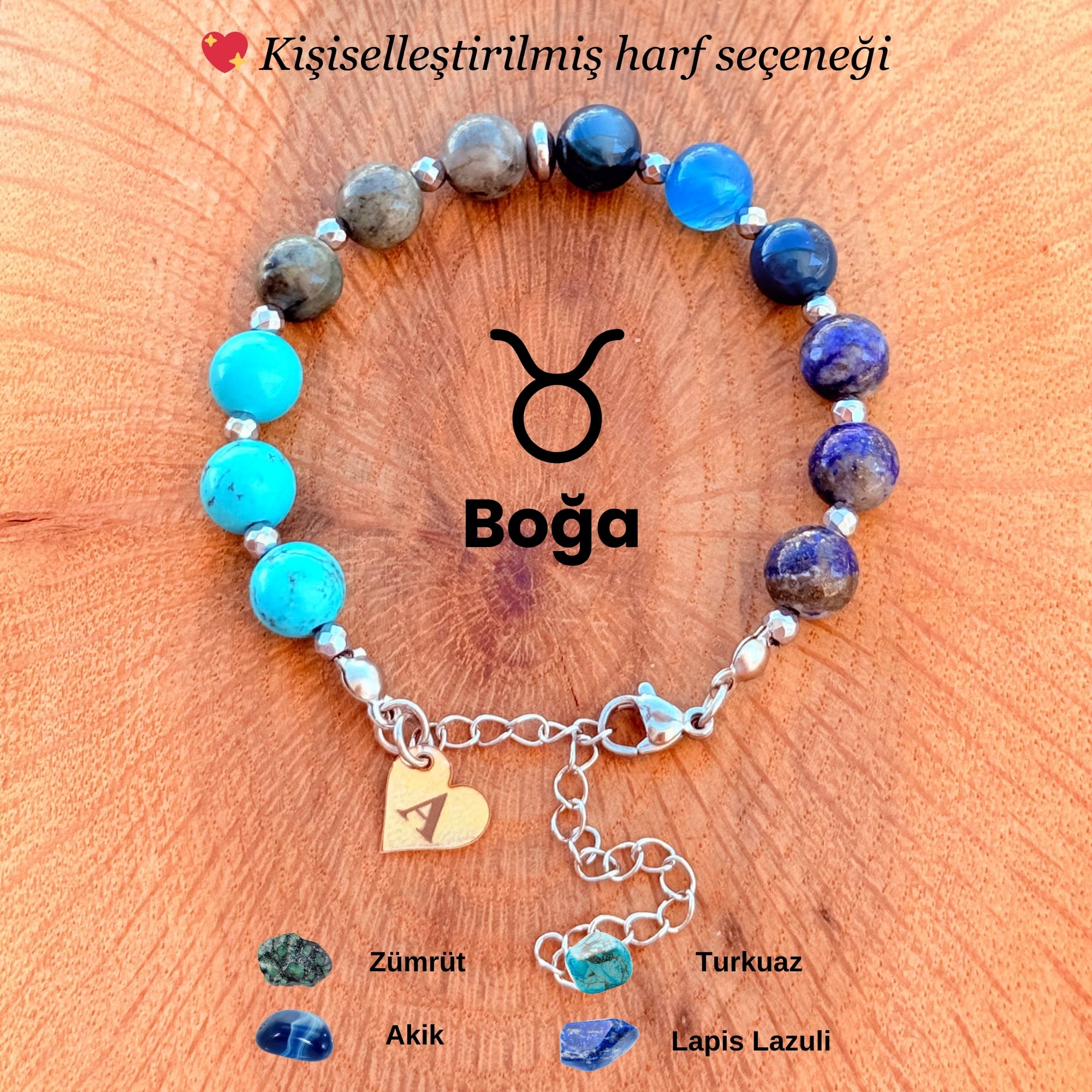 Kişiye Özel Boğa Burcu Doğal Taş Silver Çelik Bileklik