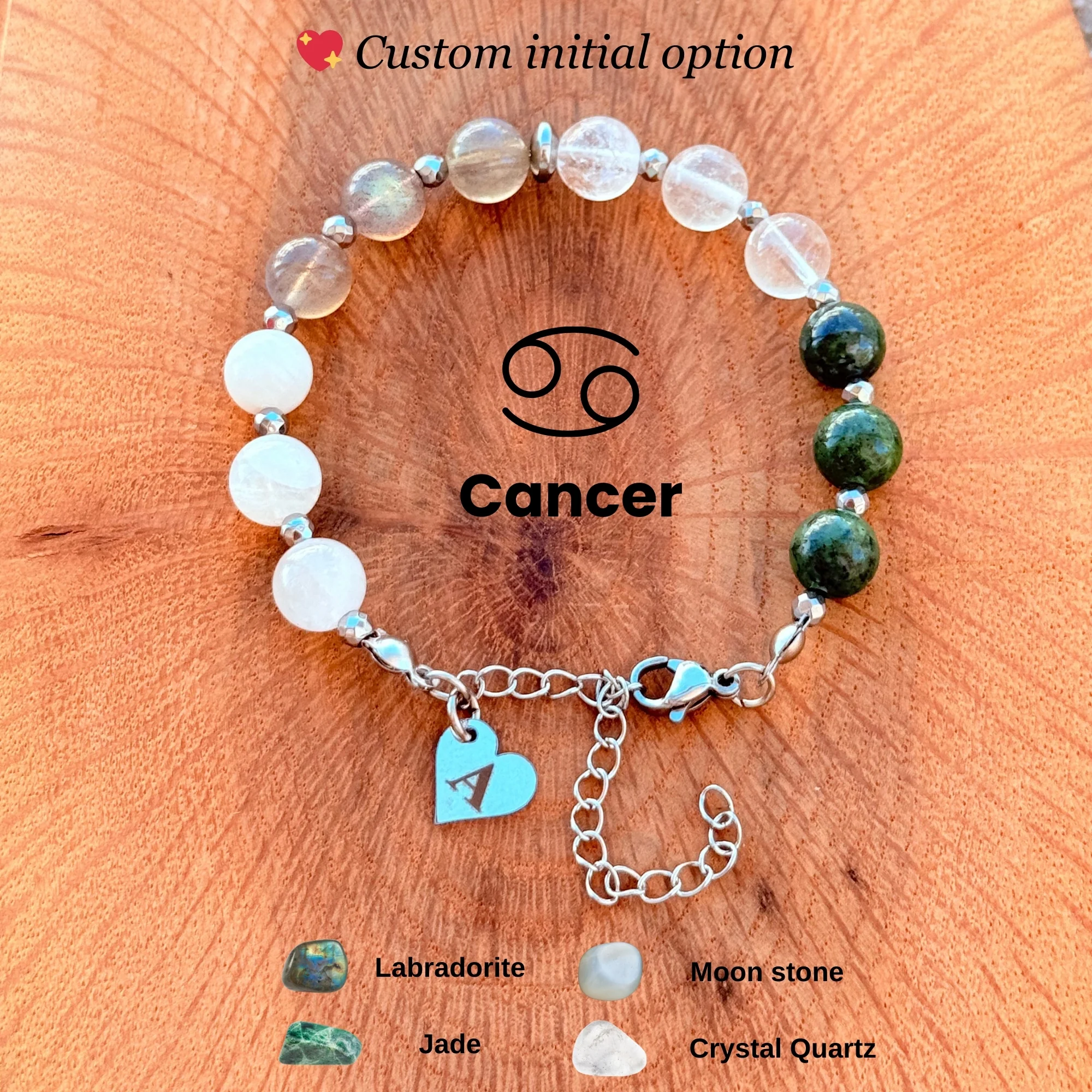 Personalized Cancer Zodiac Gemstone Silver Stainless Steel Bracelet