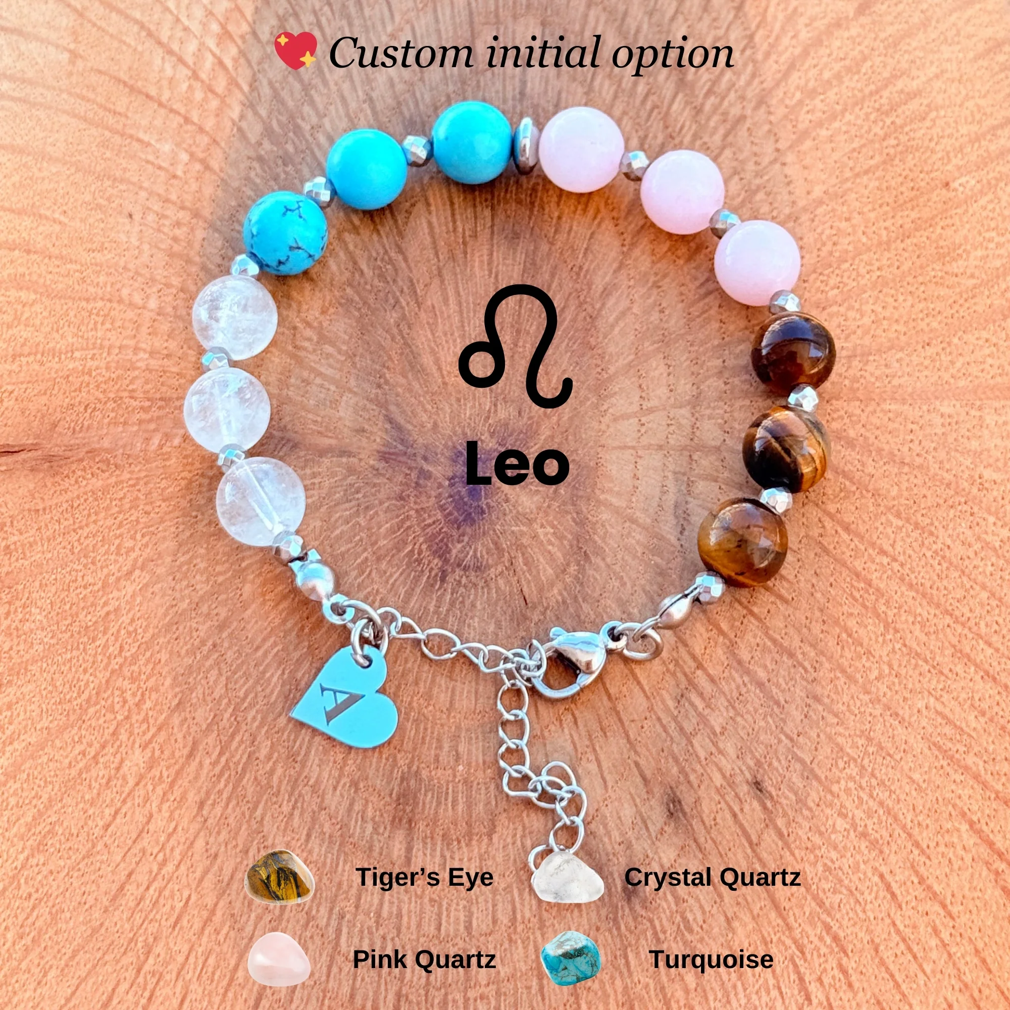 Personalized Leo Zodiac Gemstone Silver Stainless Steel Bracelet