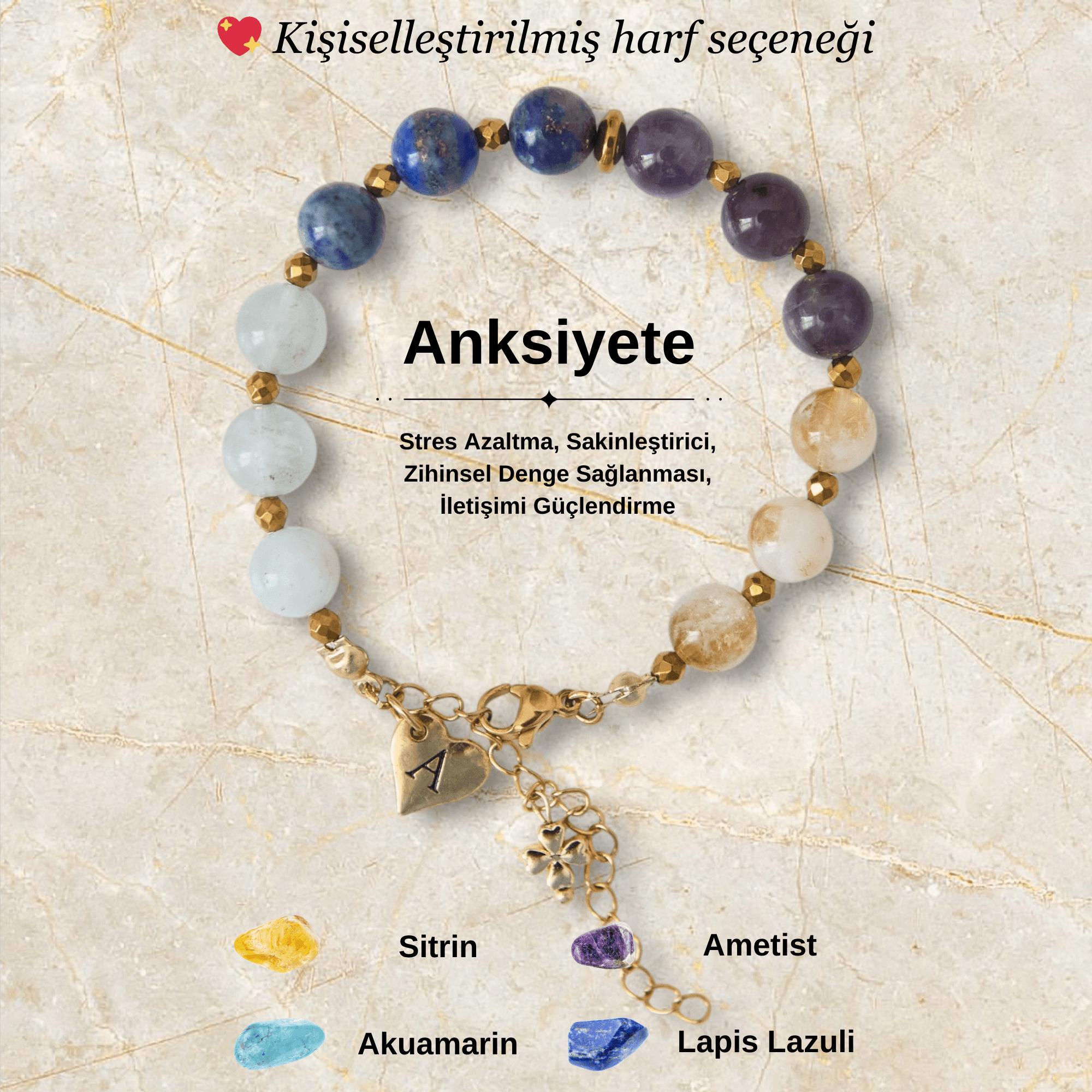 Kişiye Özel Anksiyete Doğal Taş Çelik Bileklik