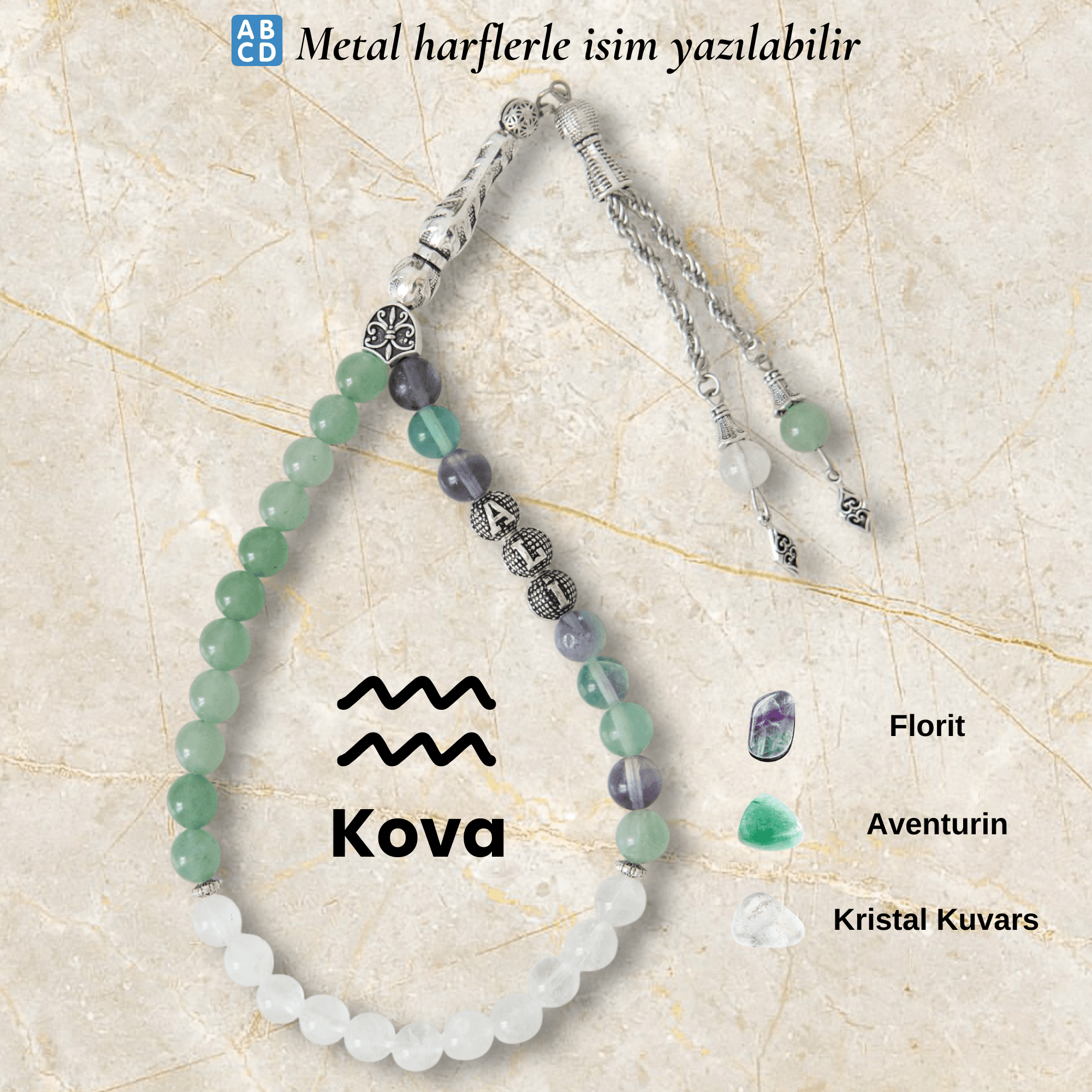 Kova Burcu Doğal Taş Tespih – Kişiye Özel İsimli