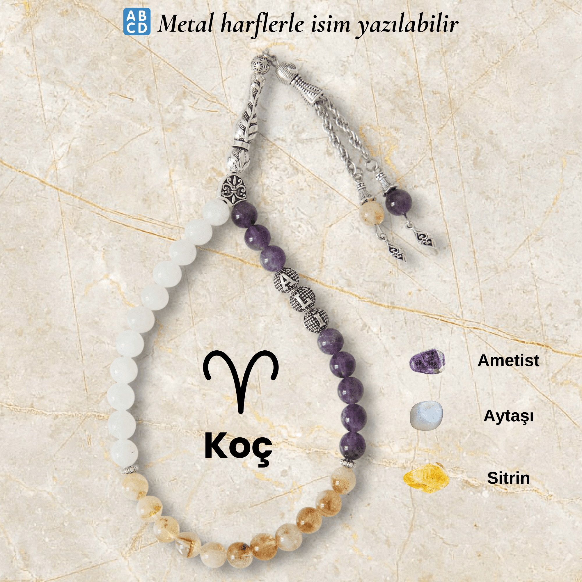 Koç Burcu Doğal Taş Tespih – Kişiye Özel İsimli