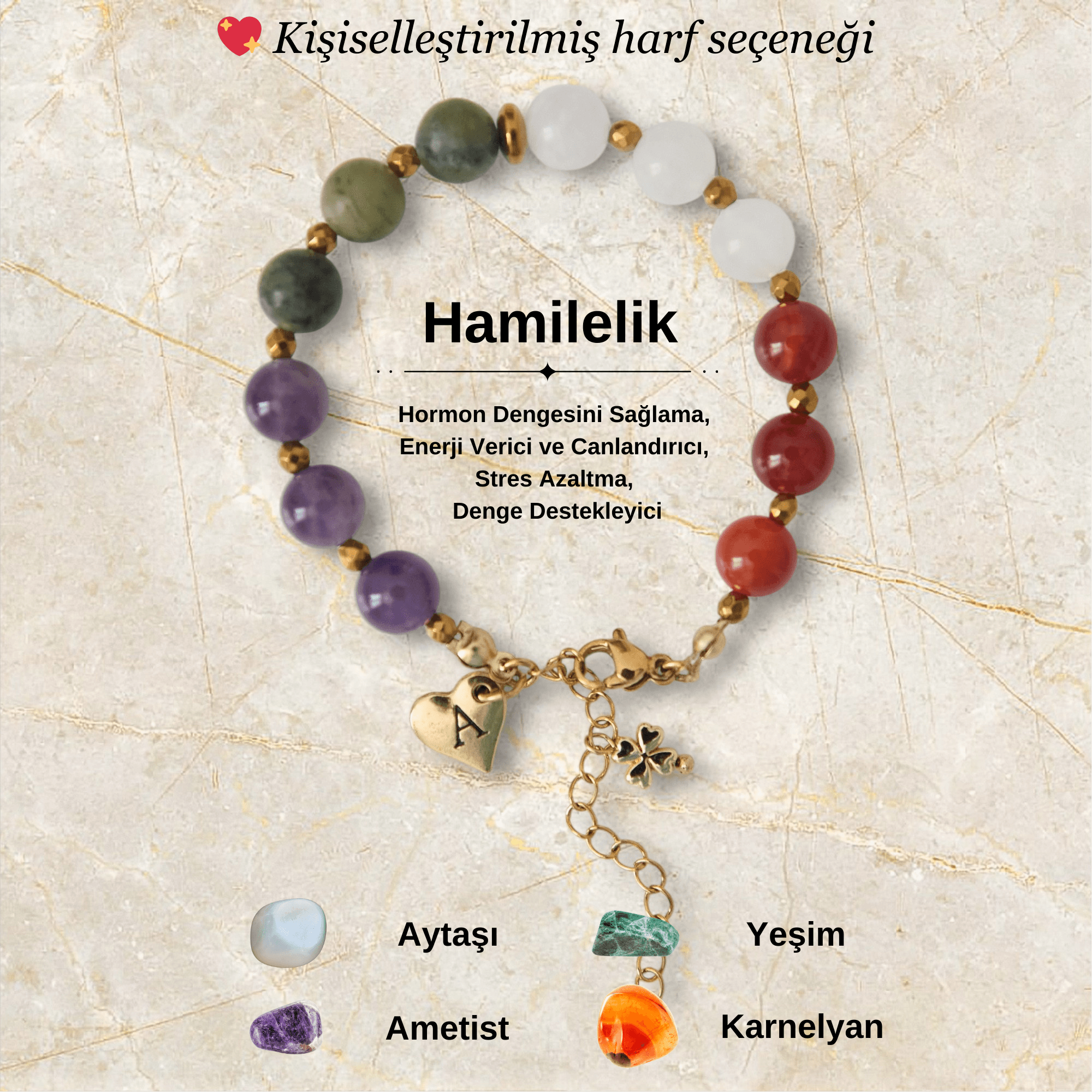 Kişiye Özel 'Hamilelik' Doğal Taş Çelik Bileklik