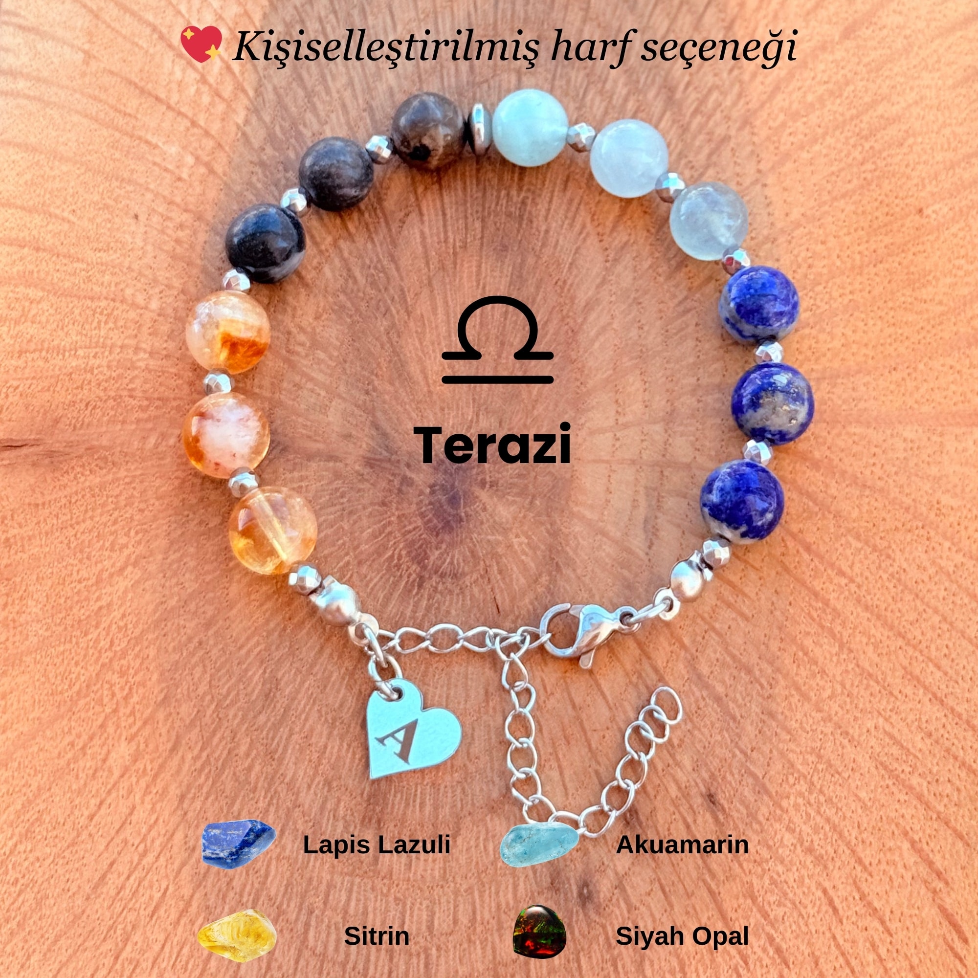 Kişiye Özel Terazi Burcu Doğal Taş Silver Çelik Bileklik