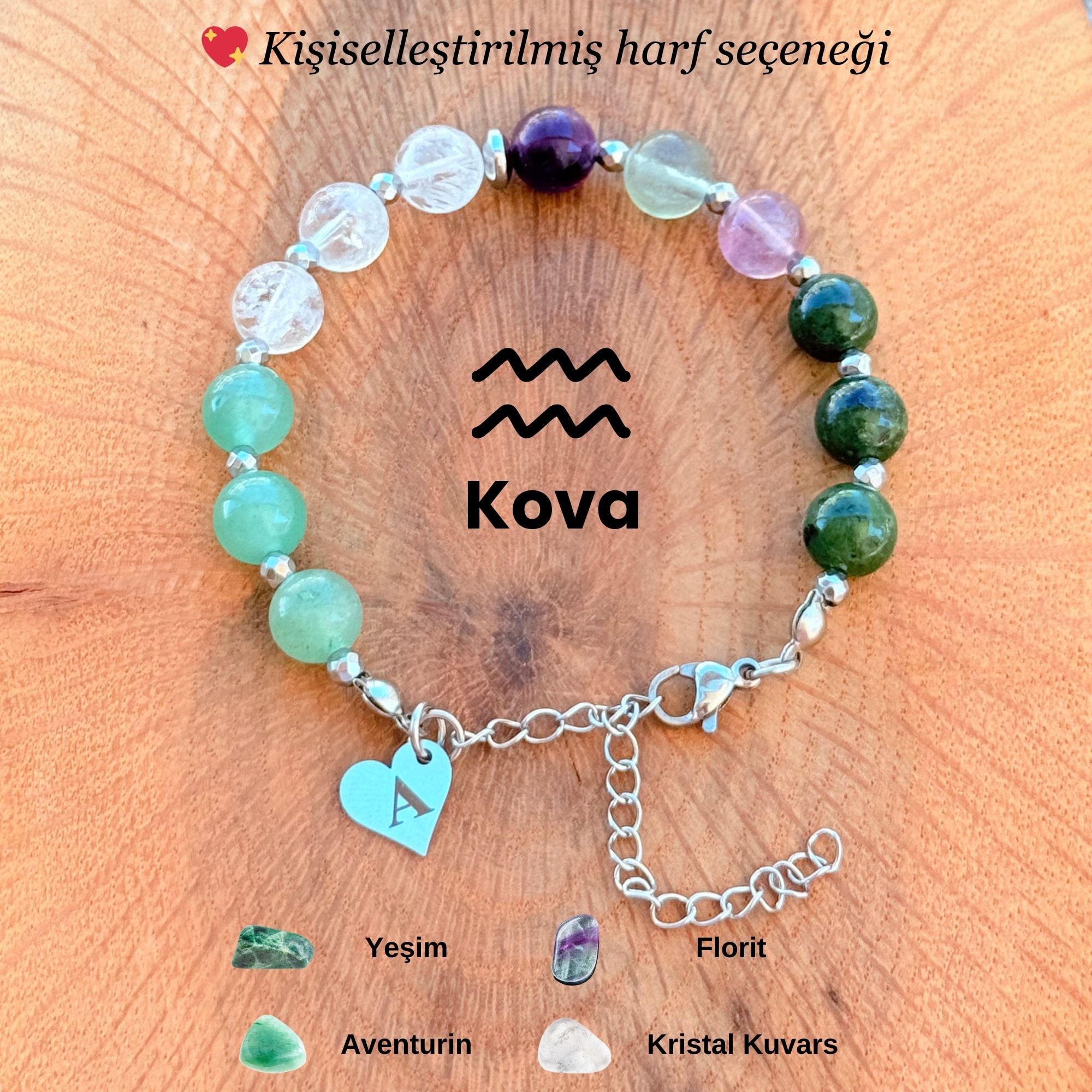 Kişiye Özel Kova Burcu Doğal Taş Silver Çelik Bileklik
