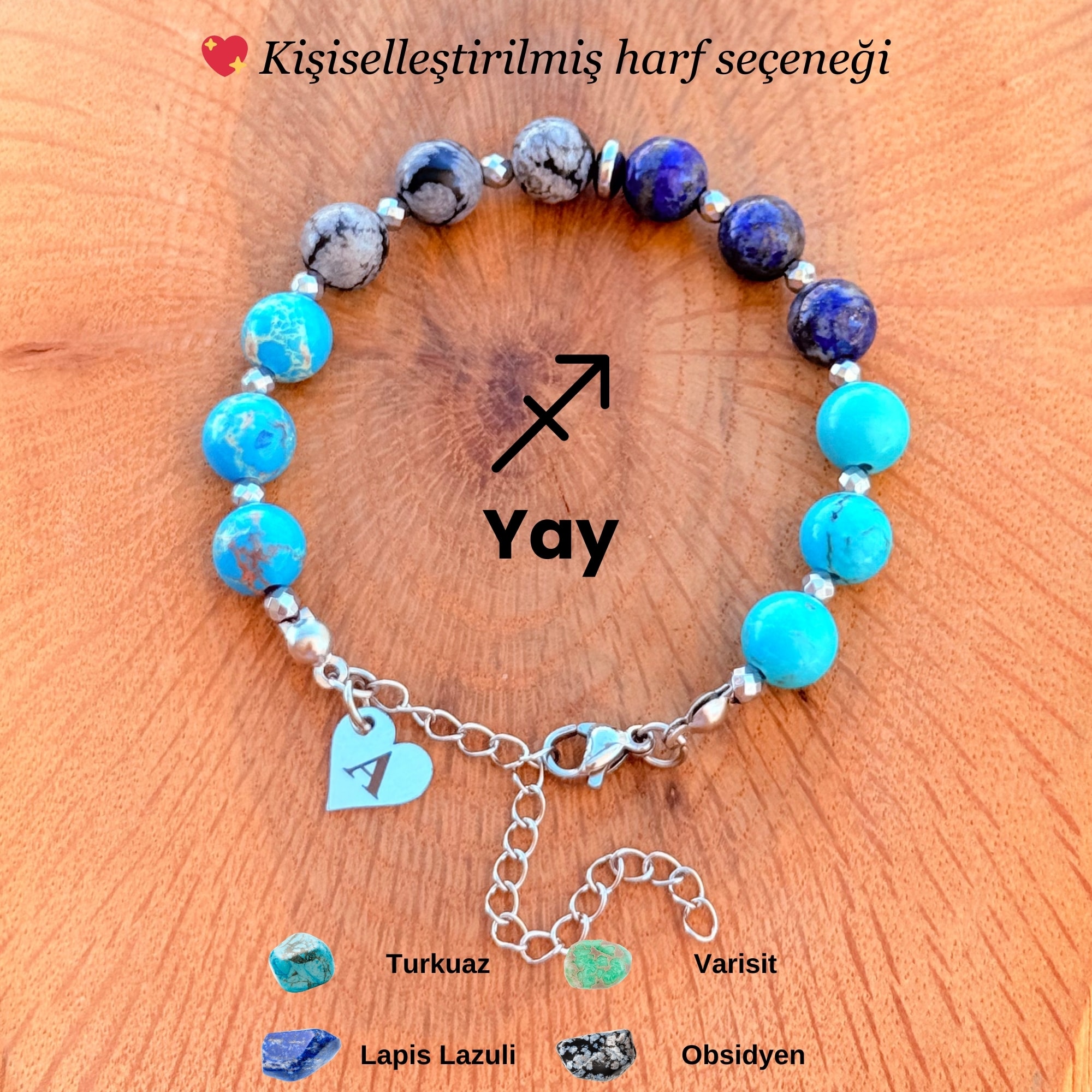 Kişiye Özel Yay Burcu Doğal Taş Silver Çelik Bileklik