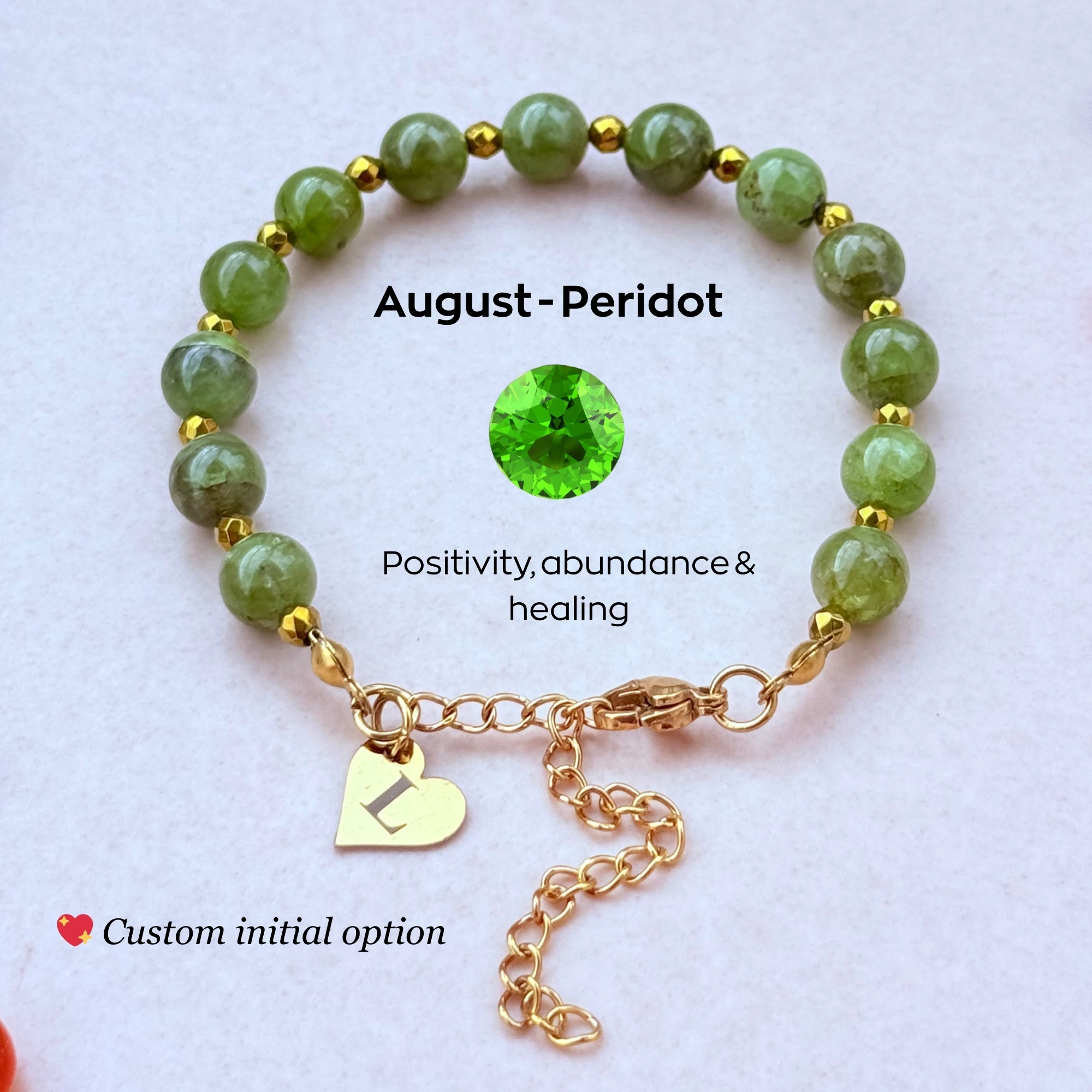August Birthstone – Personalized Peridot Gemstone Bracelet