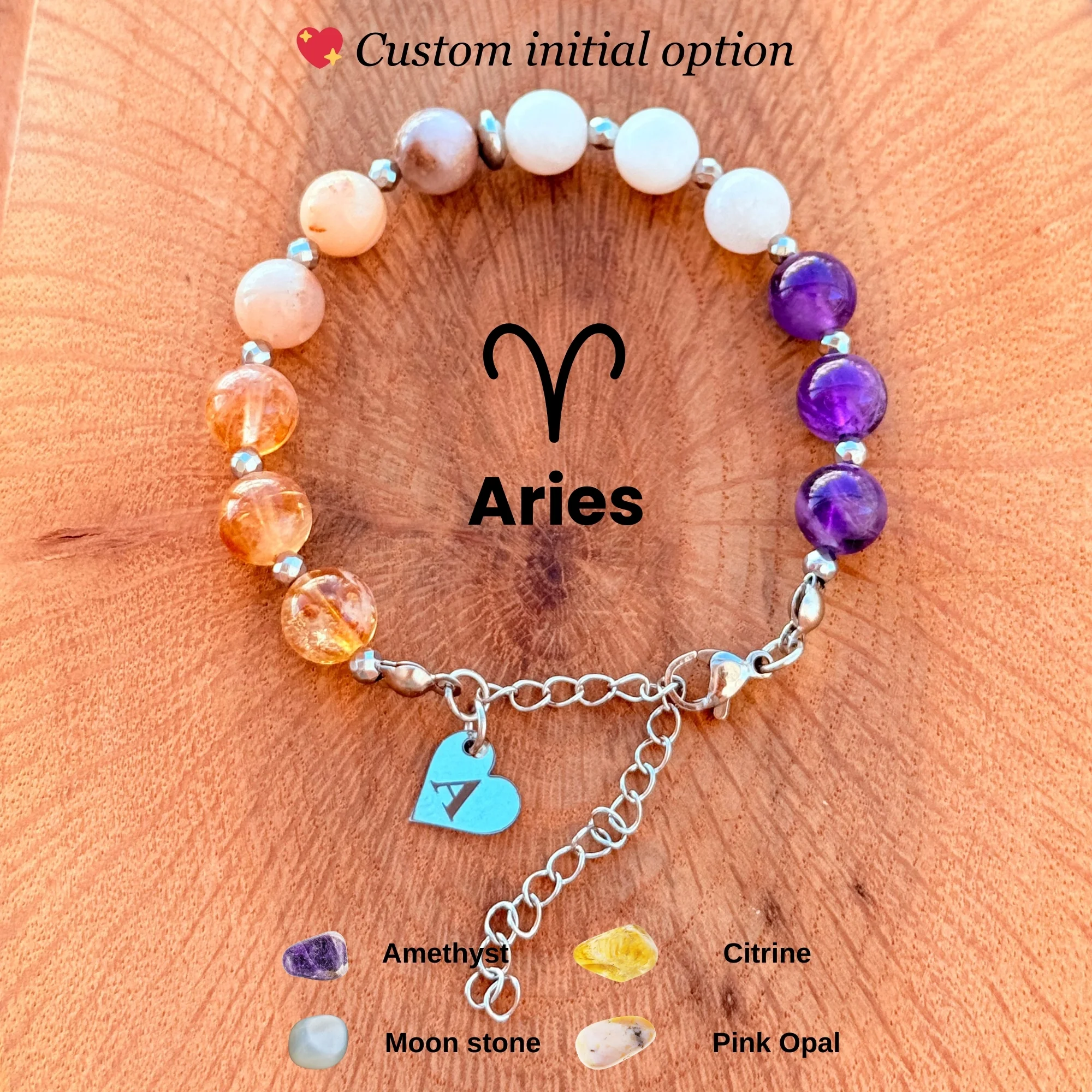 Personalized Aries Zodiac Gemstone Silver Stainless Steel Bracelet