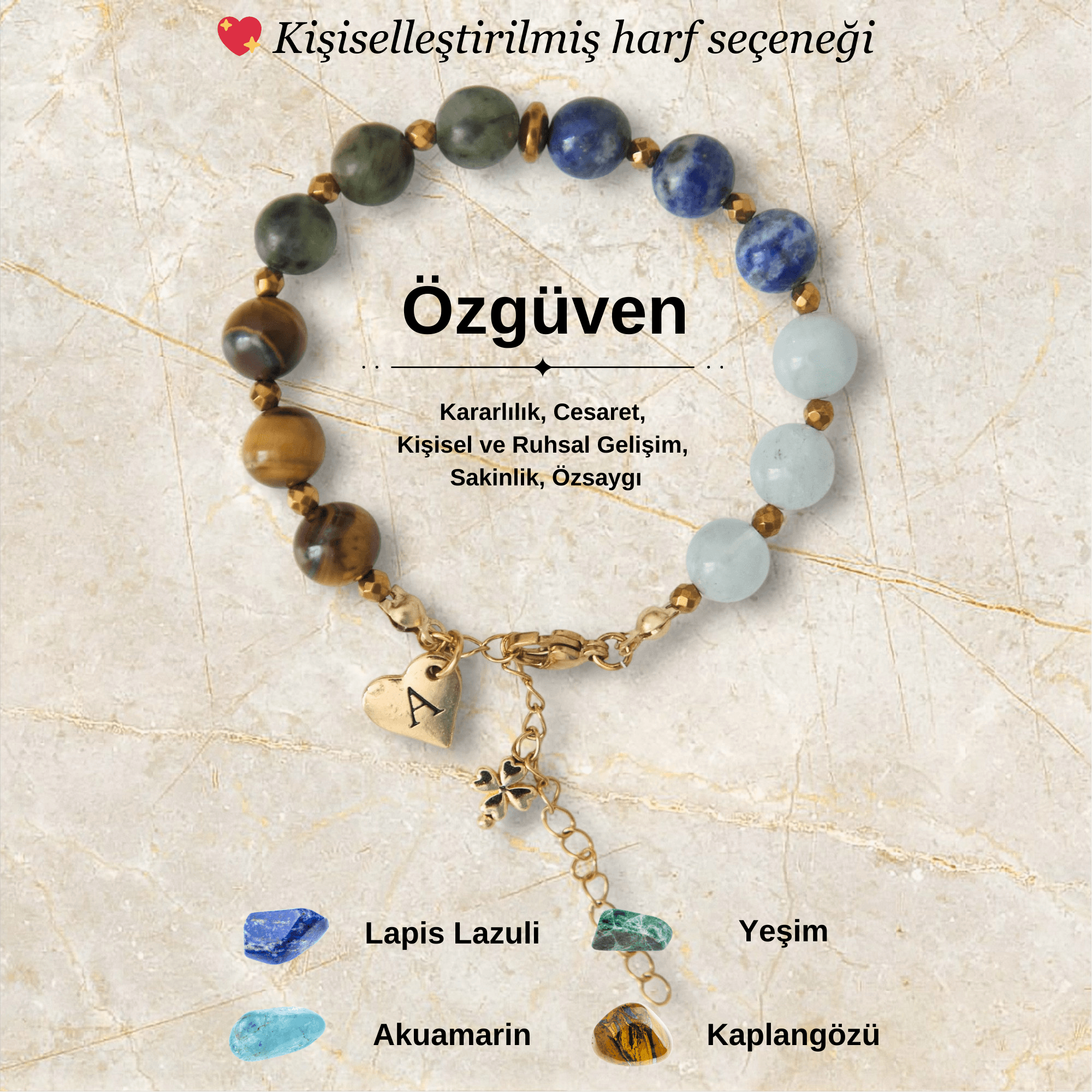 Kişiye Özel Özgüven Temalı Doğal Taş Çelik Bileklik