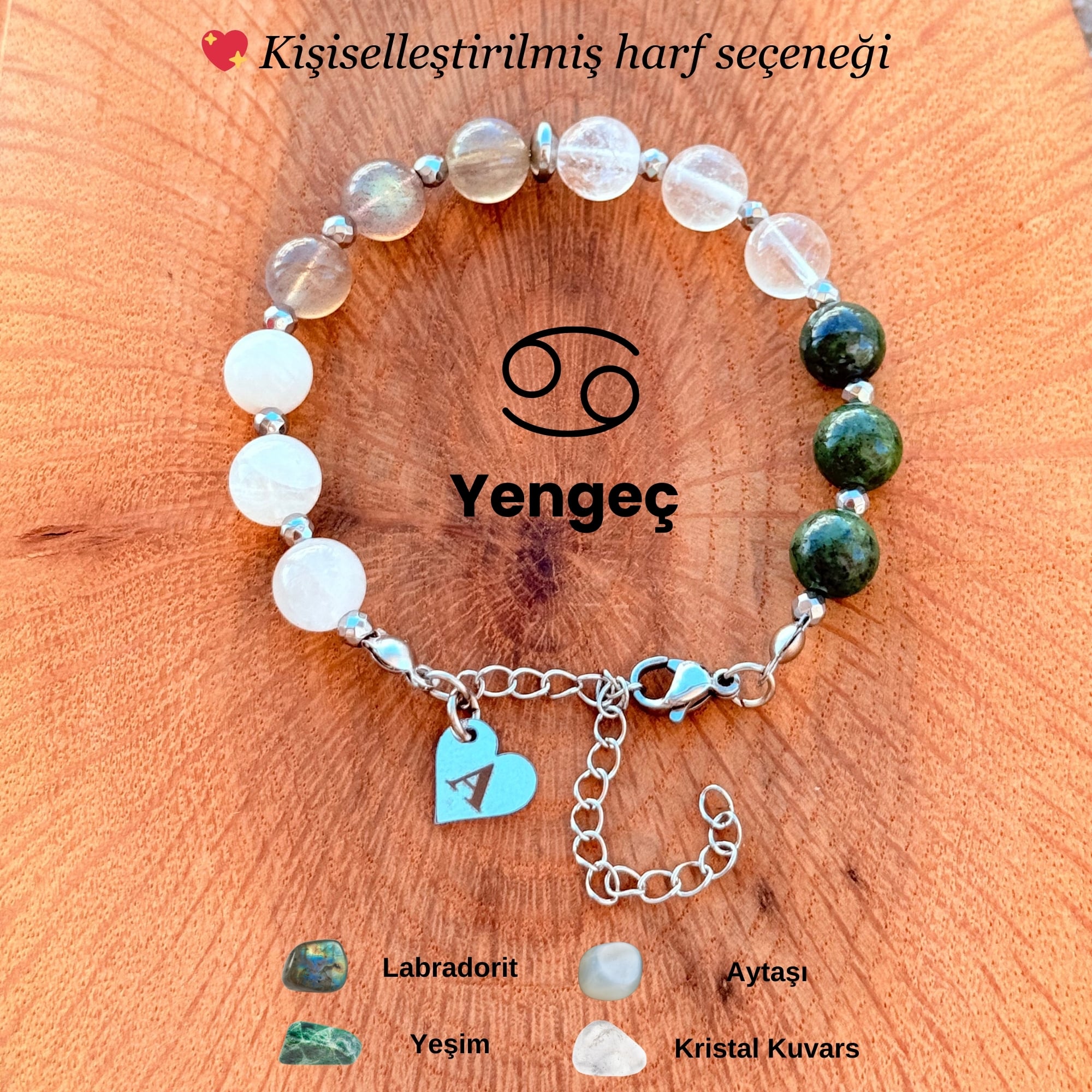 Kişiye Özel Yengeç Burcu Doğal Taş Silver Çelik Bileklik