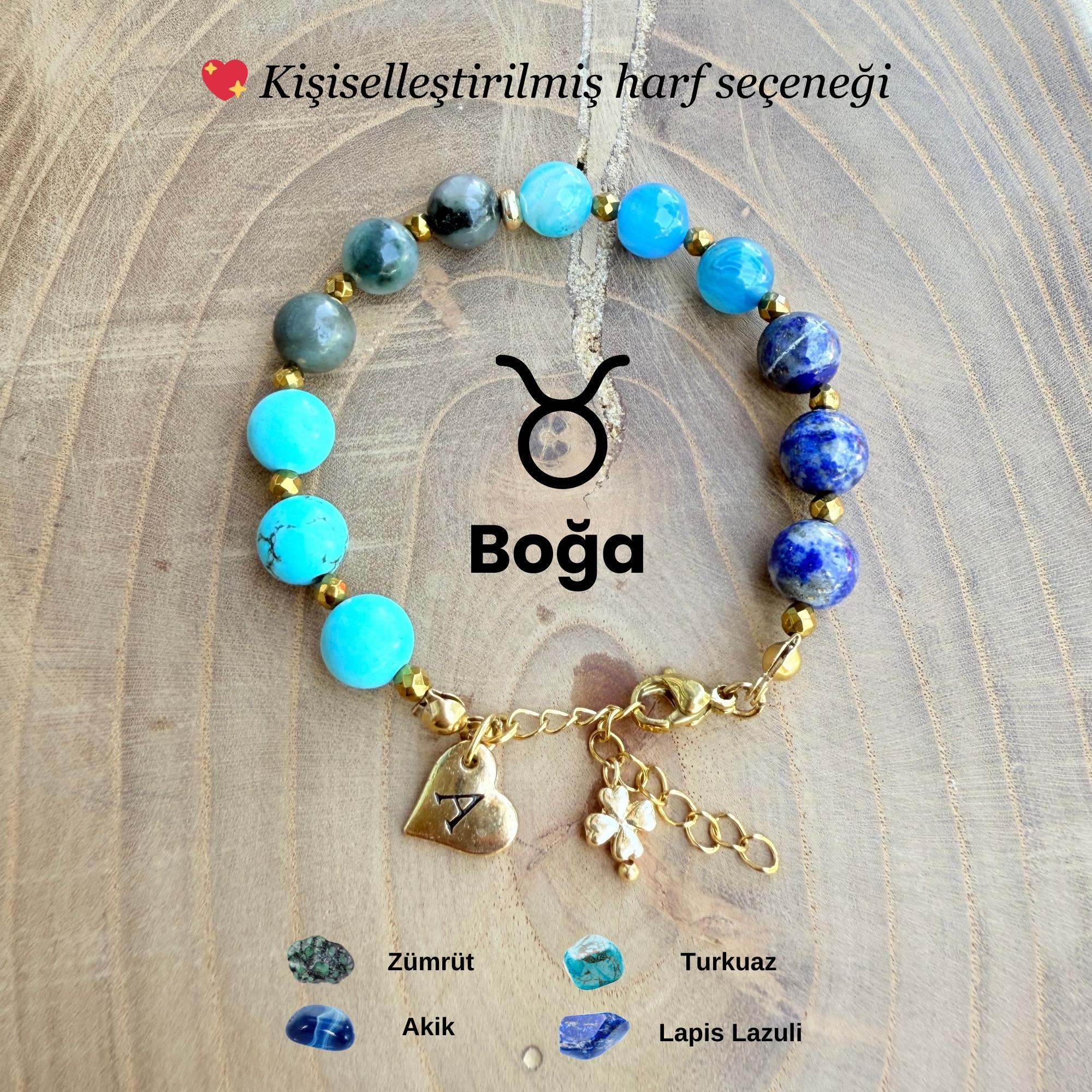 Kişiye Özel Boğa Burcu Doğal Taş Çelik Bileklik