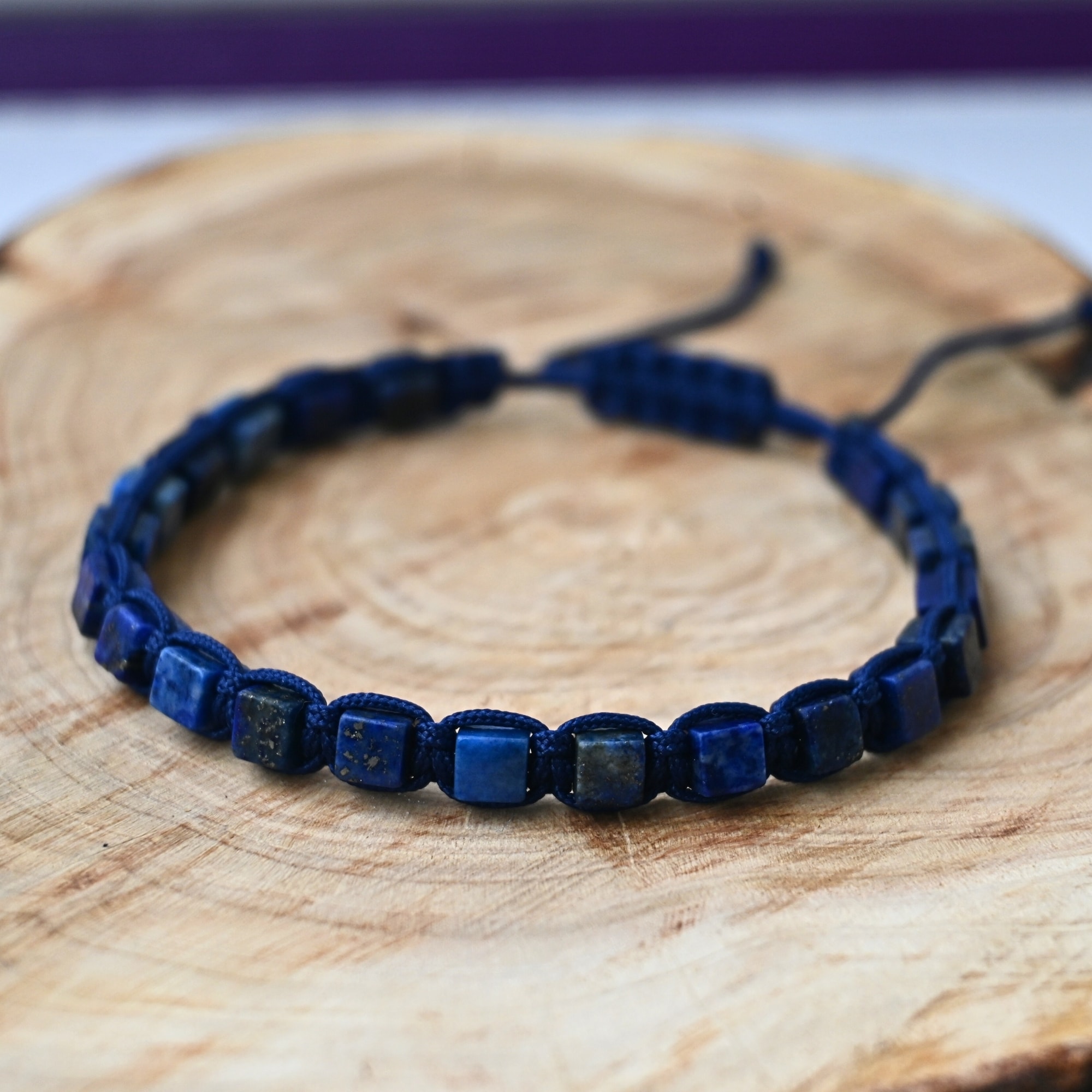 Lapis Lazuli Küp Kesim Doğal Taş Makrome Örgü Bileklik