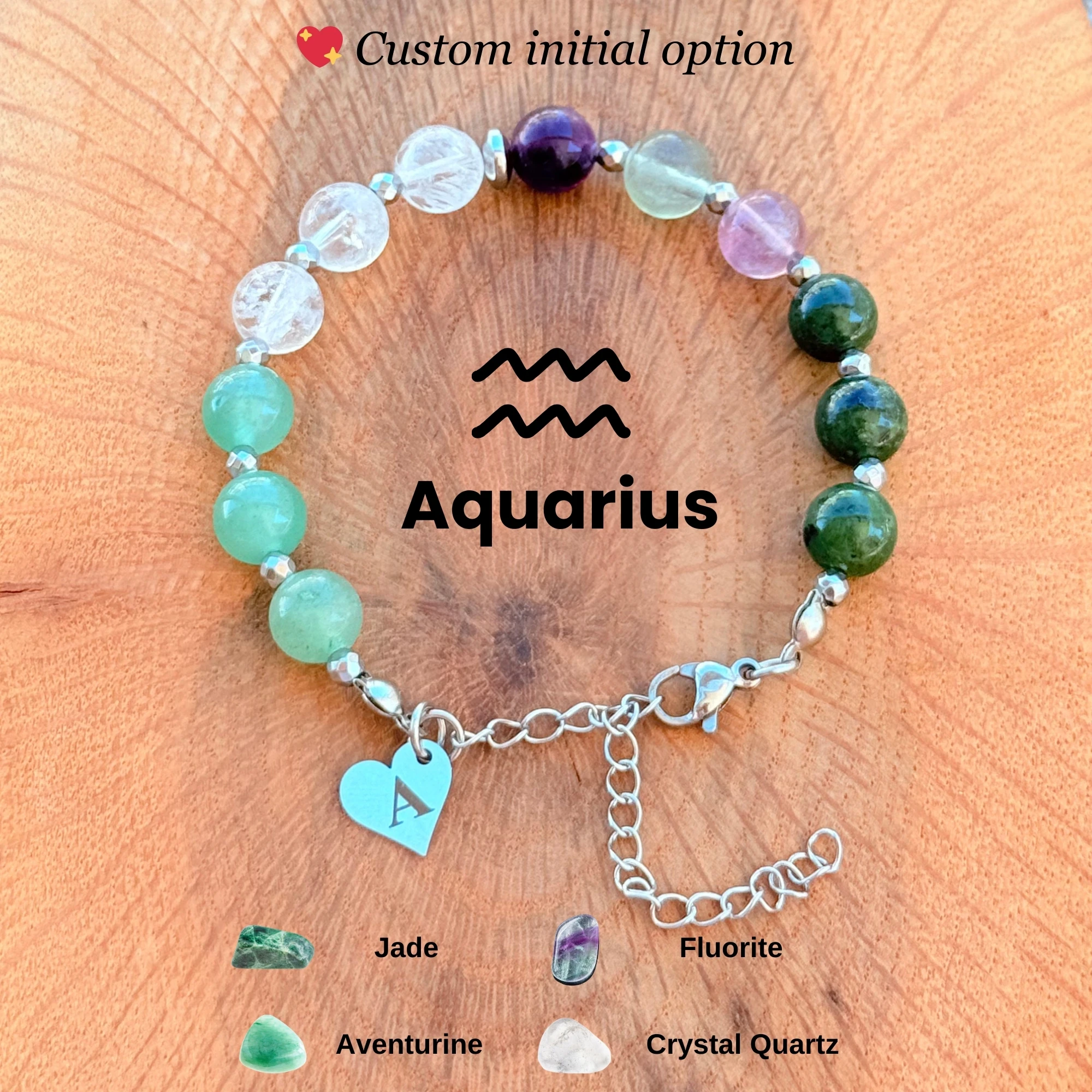 Personalized Aquarius Zodiac Gemstone Silver Stainless Steel Bracelet