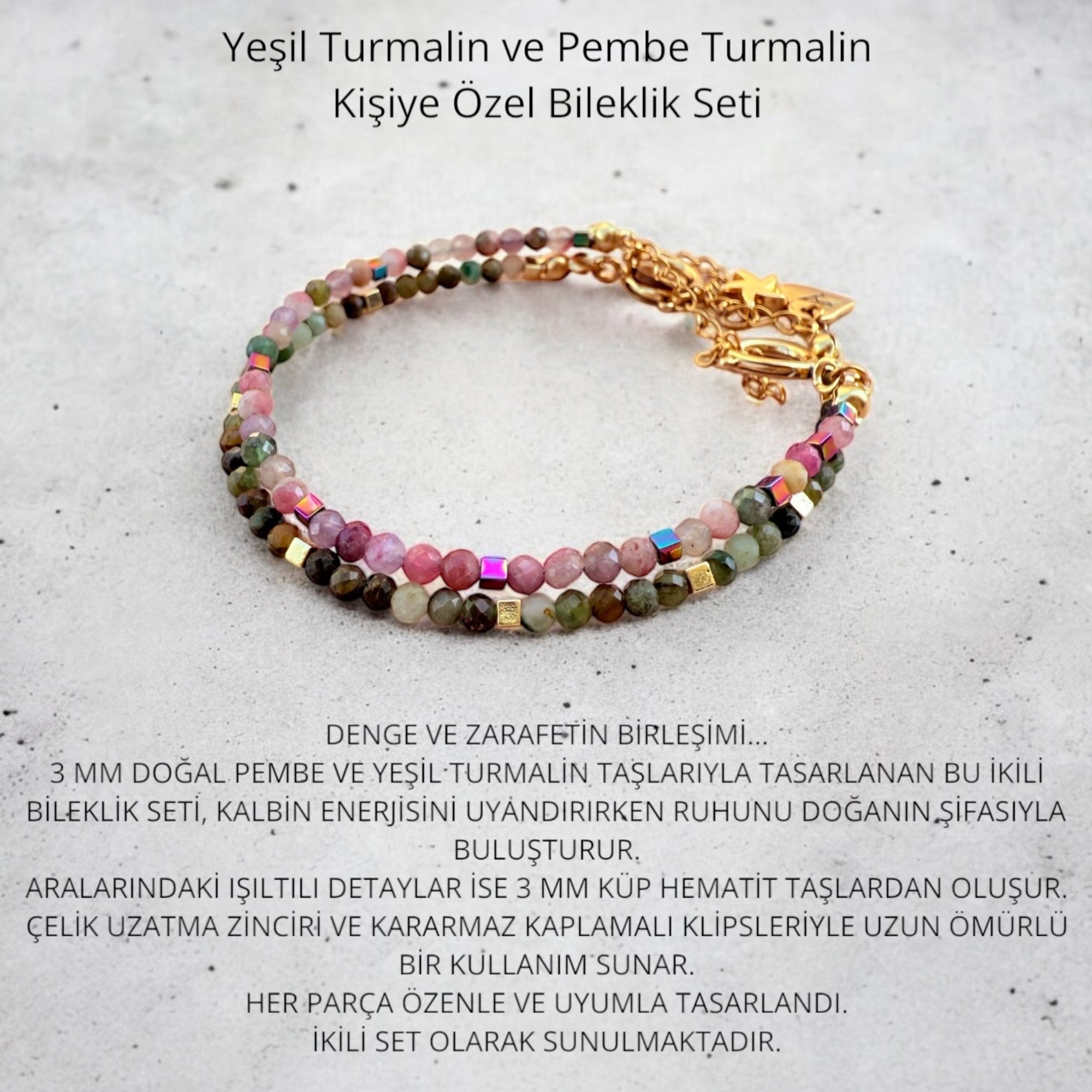 Kişiye Özel - Yeşil ve Pembe Turmalin Doğal Taşlı Çelik Bileklik Seti