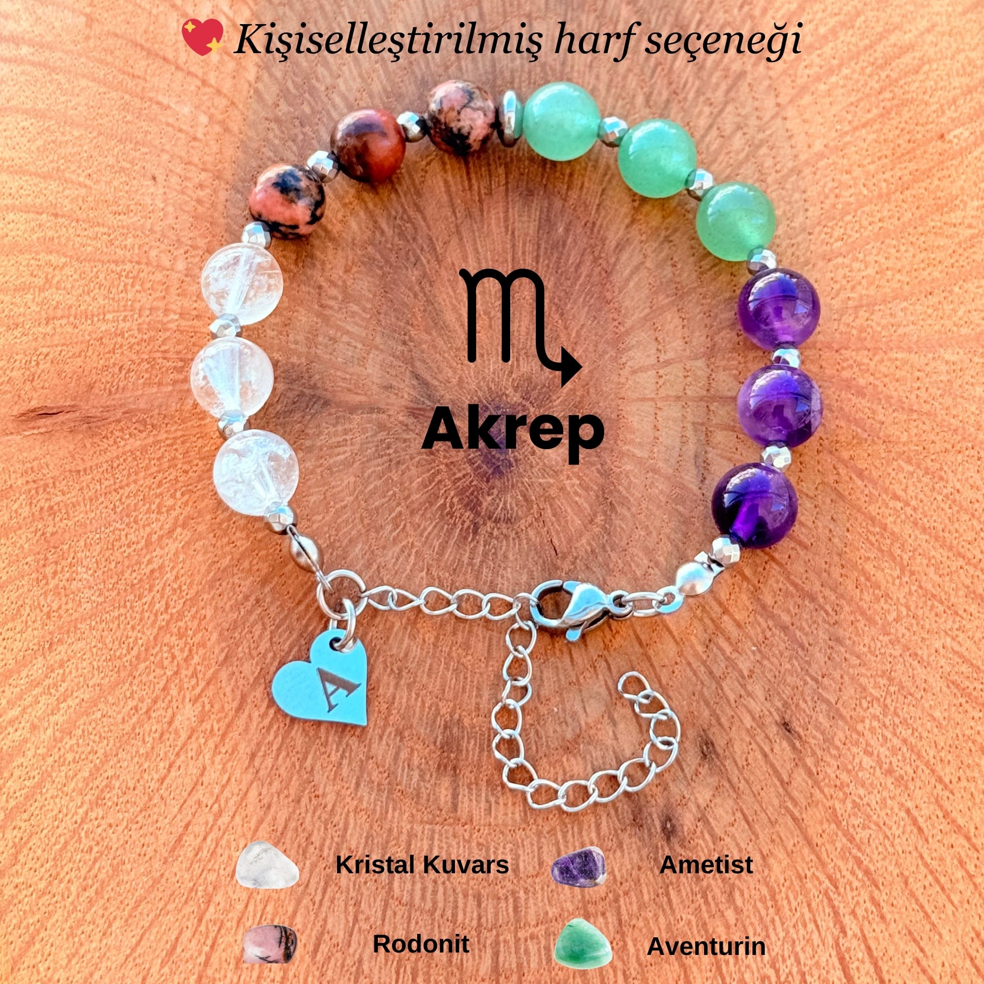 Kişiye Özel Akrep Burcu Doğal Taş Silver Çelik Bileklik